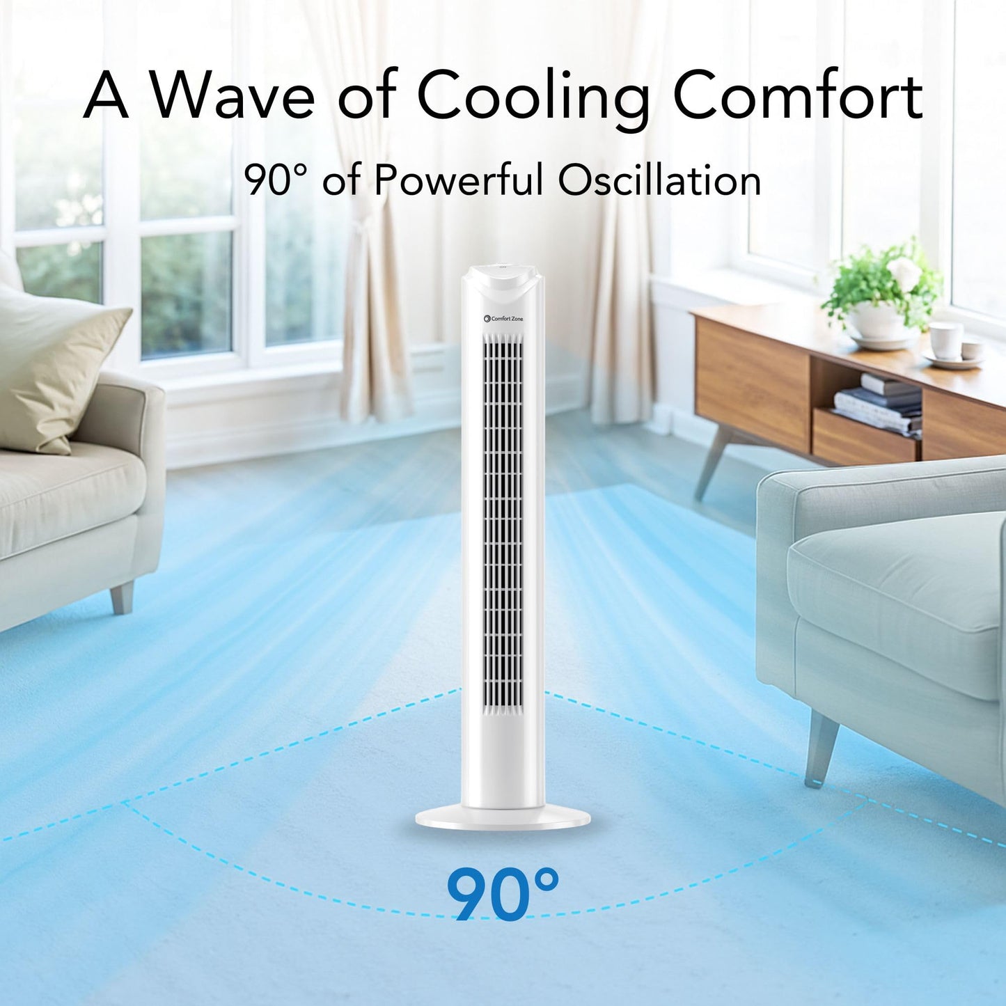 Comfort Zone 32-Inch Oscillating Tower Fan – Ultra-Slim Bladeless Design with 3 Speeds, 90° Wide Oscillation & Built-in Carry Handle – Quiet Portable Standing Fan for Bedroom, Home, or Office, White