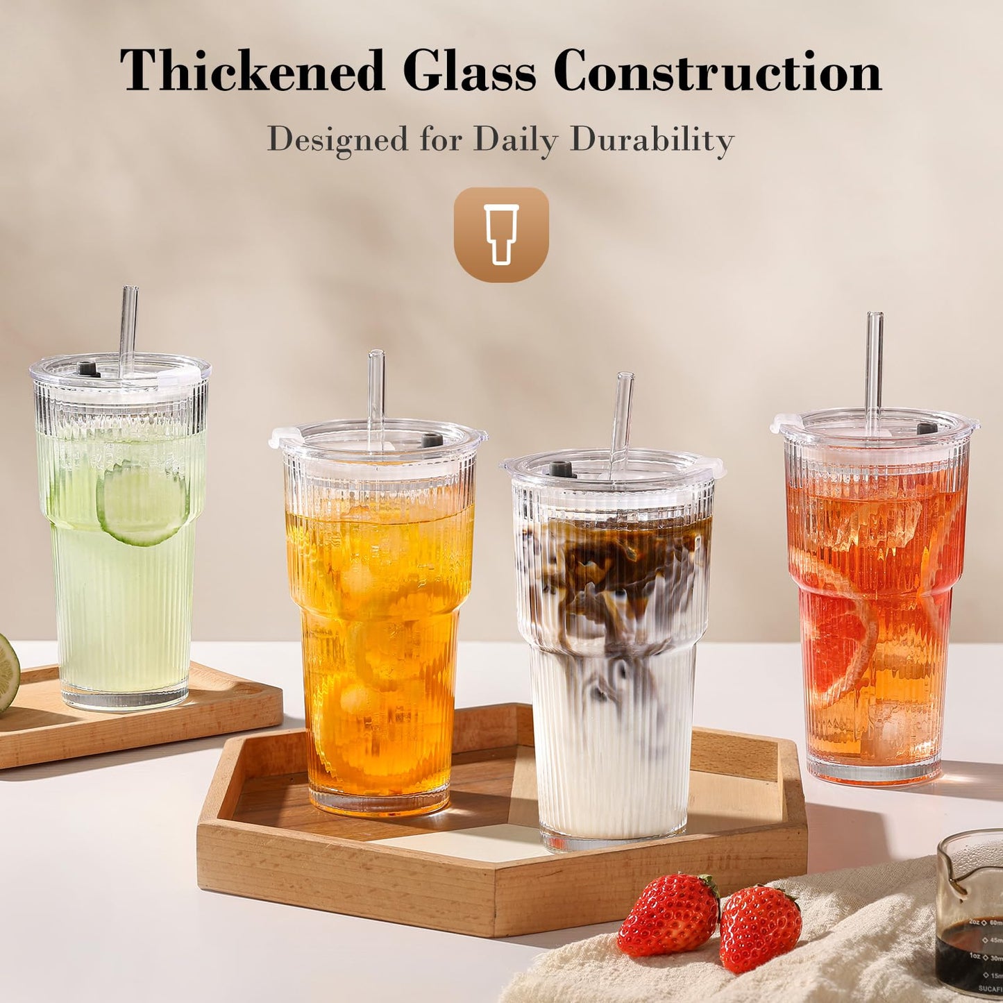 GOSCHE 20oz Glass Cups with Lids and Straws, Reusable Iced Coffee Cups, Thickened Glass Tumbler Set Ideal for Juices, Smoothies, Cocktails, and Beverage, Clear, 6 Pack