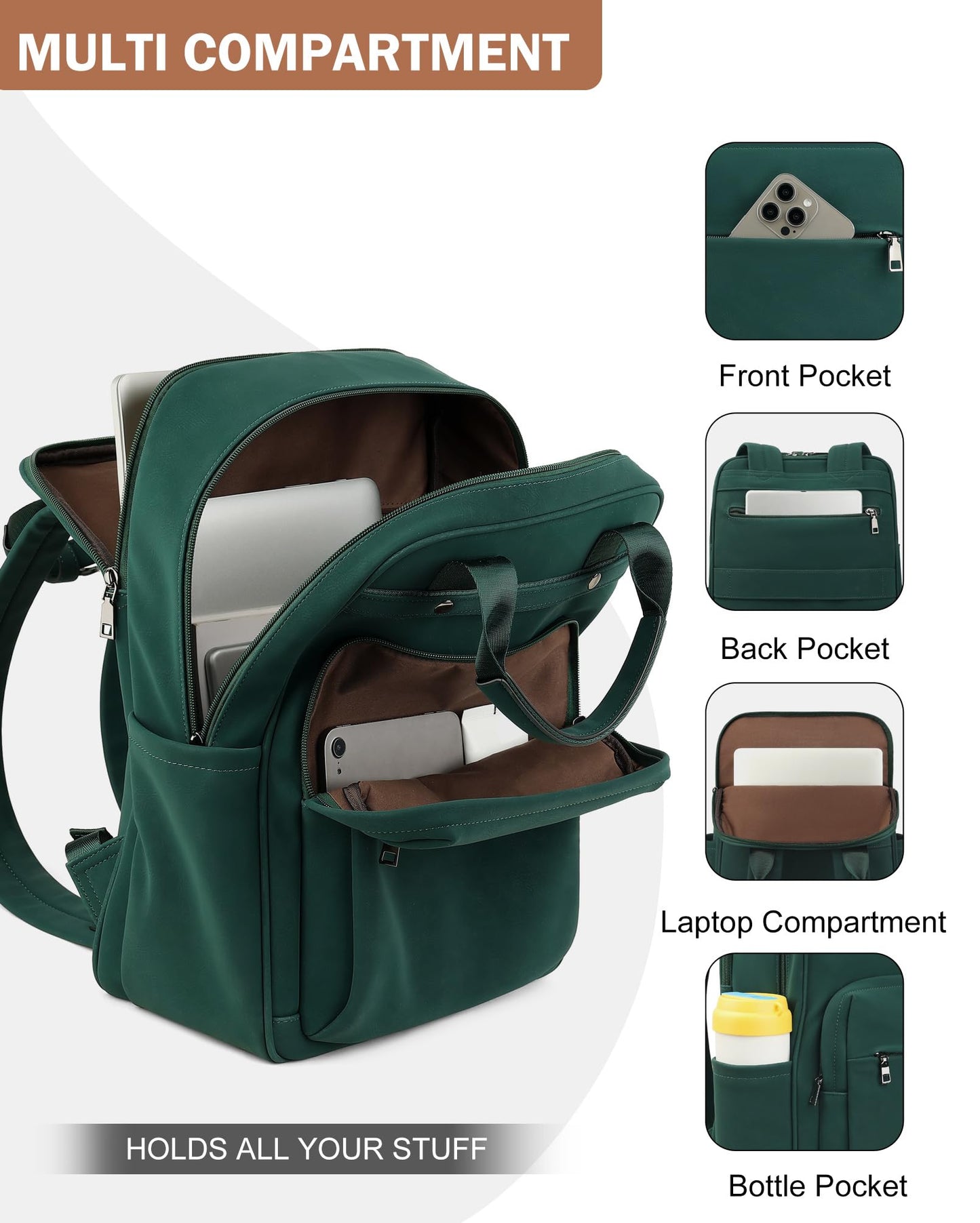MASINTOR Leather Laptop Backpack for Women, Stylish Computer Backpack College Business Work Shoulder Bags Work and Travel Retro Green