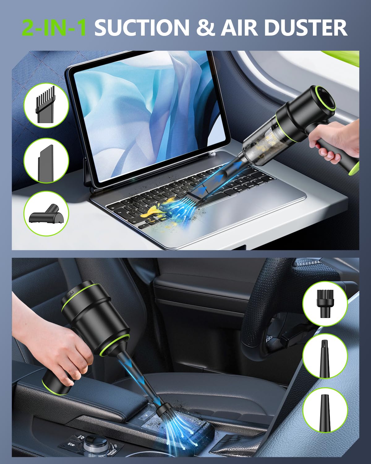 CODN Handheld Car Vacuum Portable Cordless 12000PA, 2 in 1 Handheld Vacuum Cleaner and Air Duster with Multi-Nozzles and LED Light, Mini Hand Held Vacuum Rechargeable for Home, Car, Office, Pet Hair
