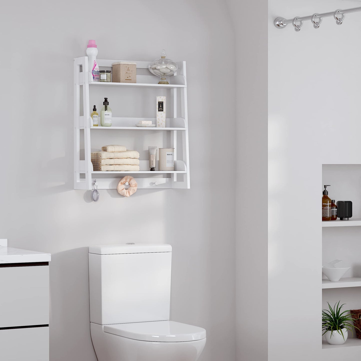 UTEX Bathroom Wall Shelf, Over Toilet Storage Shelf Organizer, 3-Tier Wall Mount Shelf Rack with Hook, White