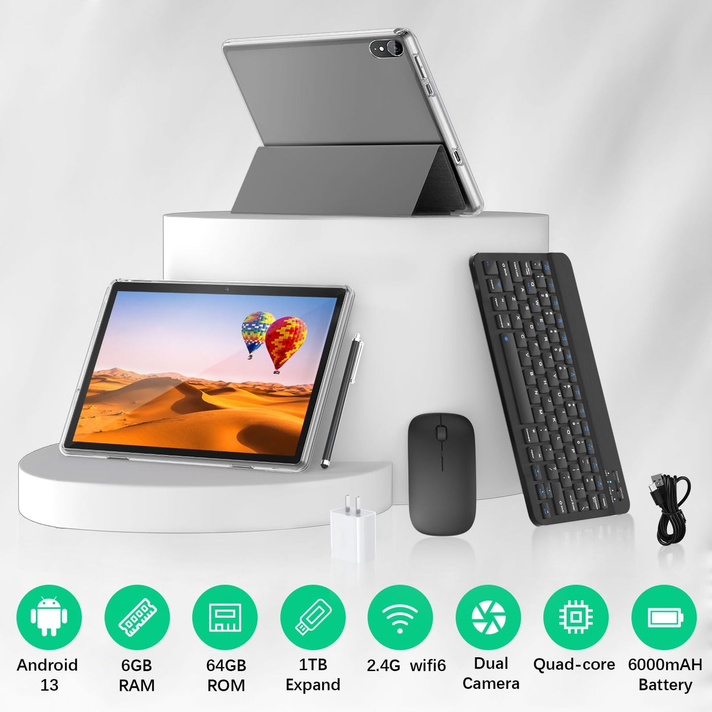 10 inch Android 13 Tablet, 6GB RAM 64GB ROM 1TB Expand, 2 in 1 Tablets with Keyboard, Case, Mouse, Stylus, 1280x800 IPS Touch Screen, 2.0GHz Quad-Core, WiFi 6, Bluetooth5.0, Dual Camera (Gray)