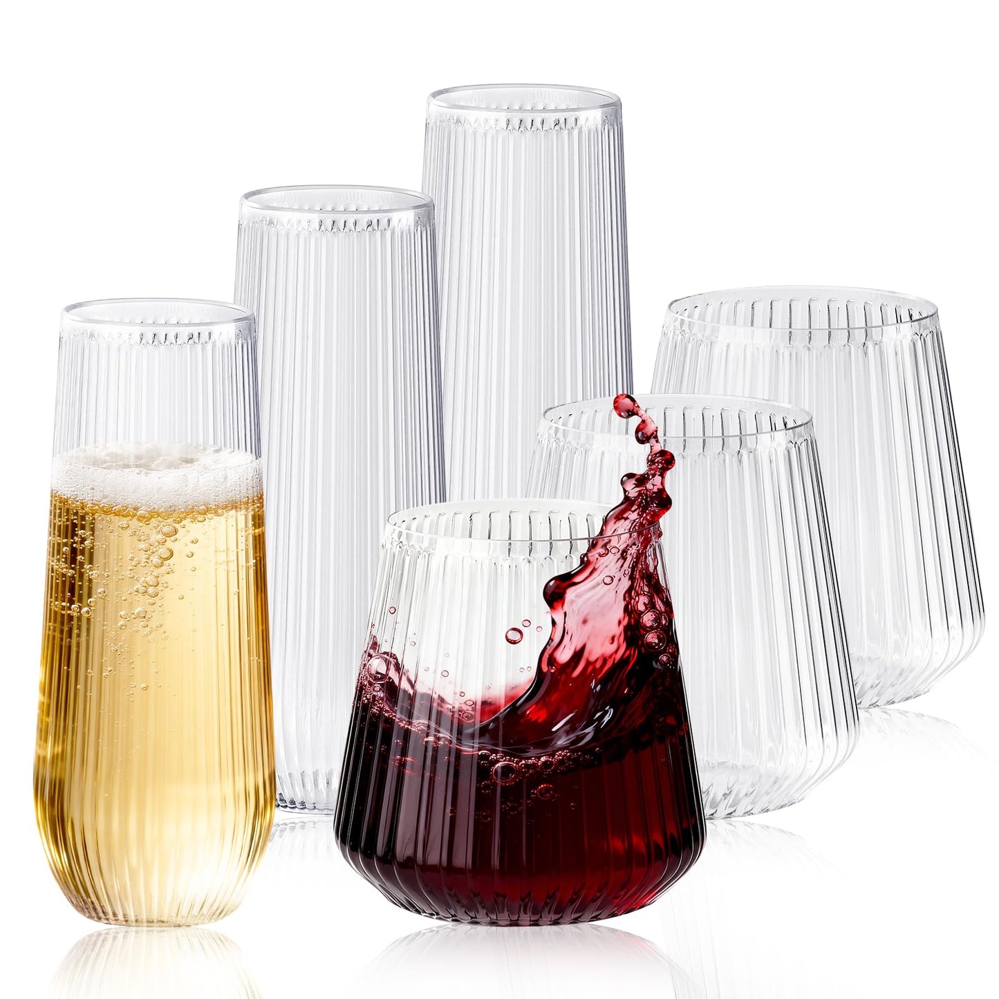 56 Pack Ribbed Origami Ripple Plastic Glasses, 32 Pcs 9 OZ Stemless Champagne Flutes & 24 Pcs 14 OZ Plastic Wine Glasses, BPA-Free Disposable Shatterproof Toasting Glasses for Weddings Parties