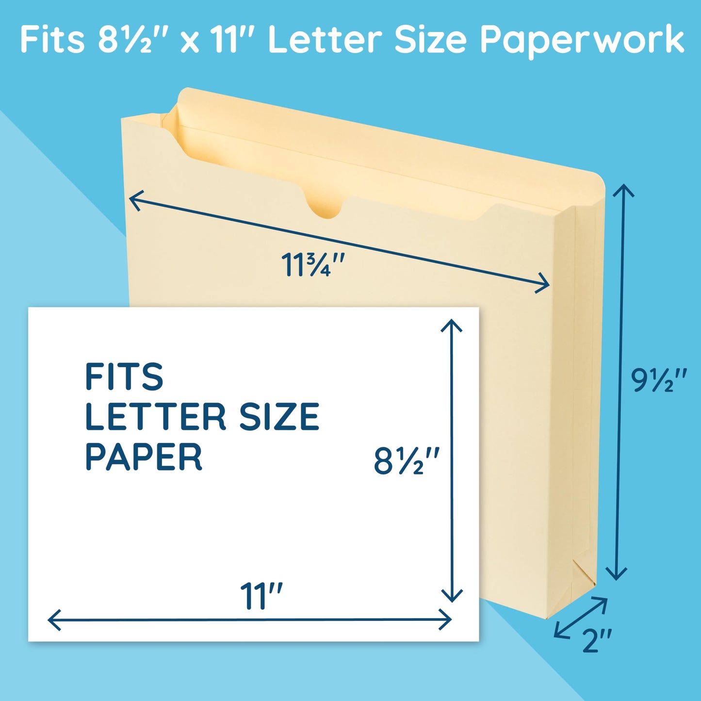 Blue Summit Supplies 2 Inch Manila File Jacket, 50 Folders, Reinforced Straight Cut Tab, Heavy Duty 2 Inch Expansion Pocket, Letter Size, 50 Pack