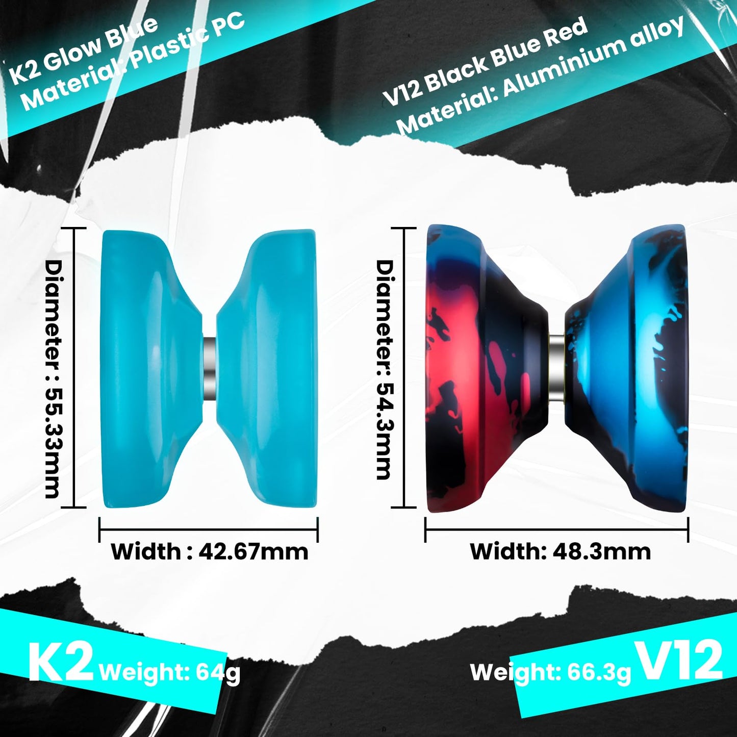 MAGICYOYO Finger Spin Yoyo Pack of Metal Yoyo V12 + Plastic Yoyo K2, Responsive yoyo for Kids 8-12, Professional Yoyo for Adults, Dual Function yoyos with Concave Bearing Kit, 12 Yoyo Strings
