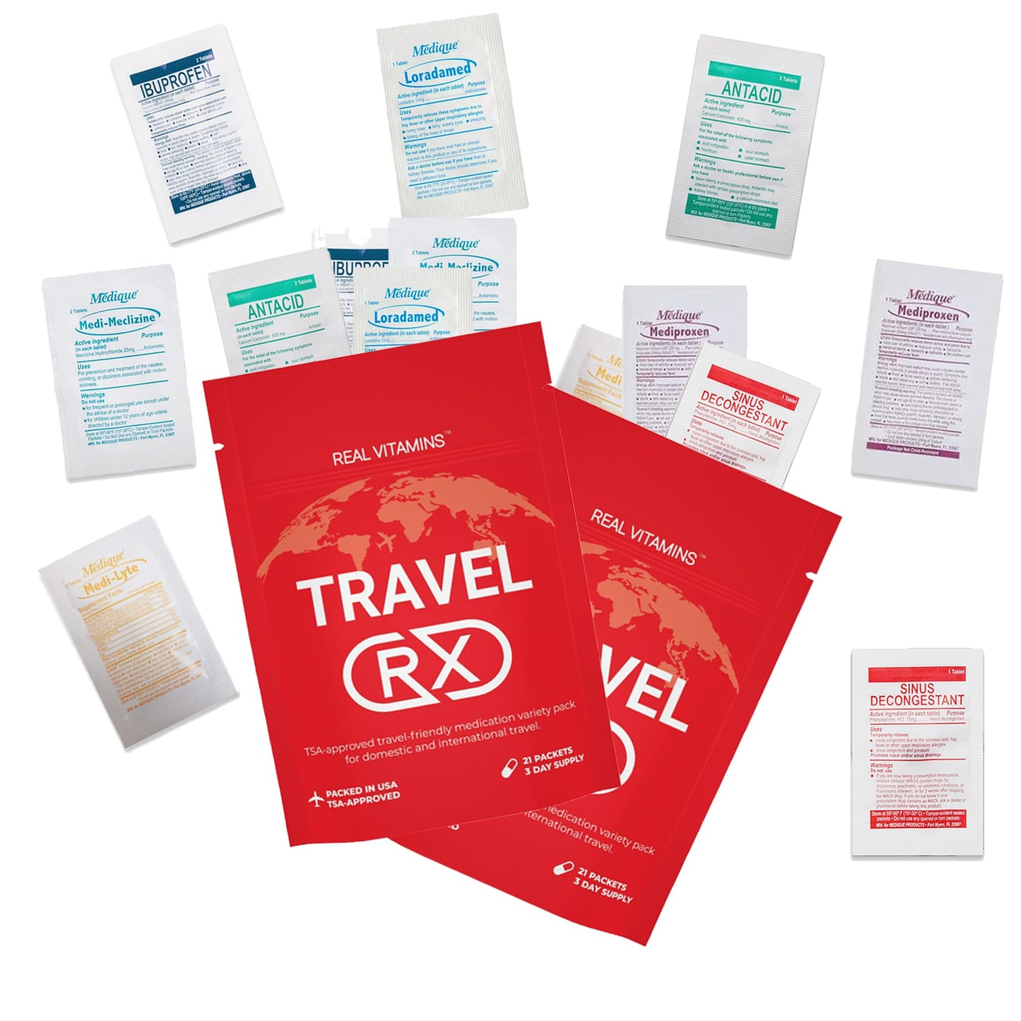 Real Vitamins Travel RX - 63 PCS TSA-Approved Travel Medicine Variety Pack with Resealable Bag for Indigestion, Motion Sickness & More, Travel Essential OTC Medicine Pack (3 Kits)