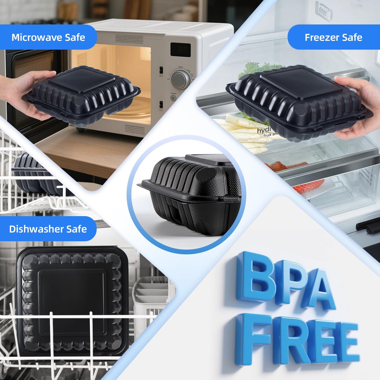 YANGRUI Food Containers Mineral Filled PP Plastic - 55 Pack 8x8 34 oz BPA Free | Shrink Wrap Microwave Safe | Reusable & Disposable Heavy Duty Clamshell Takeout | Black To Go 3 Compartment Lunch Box