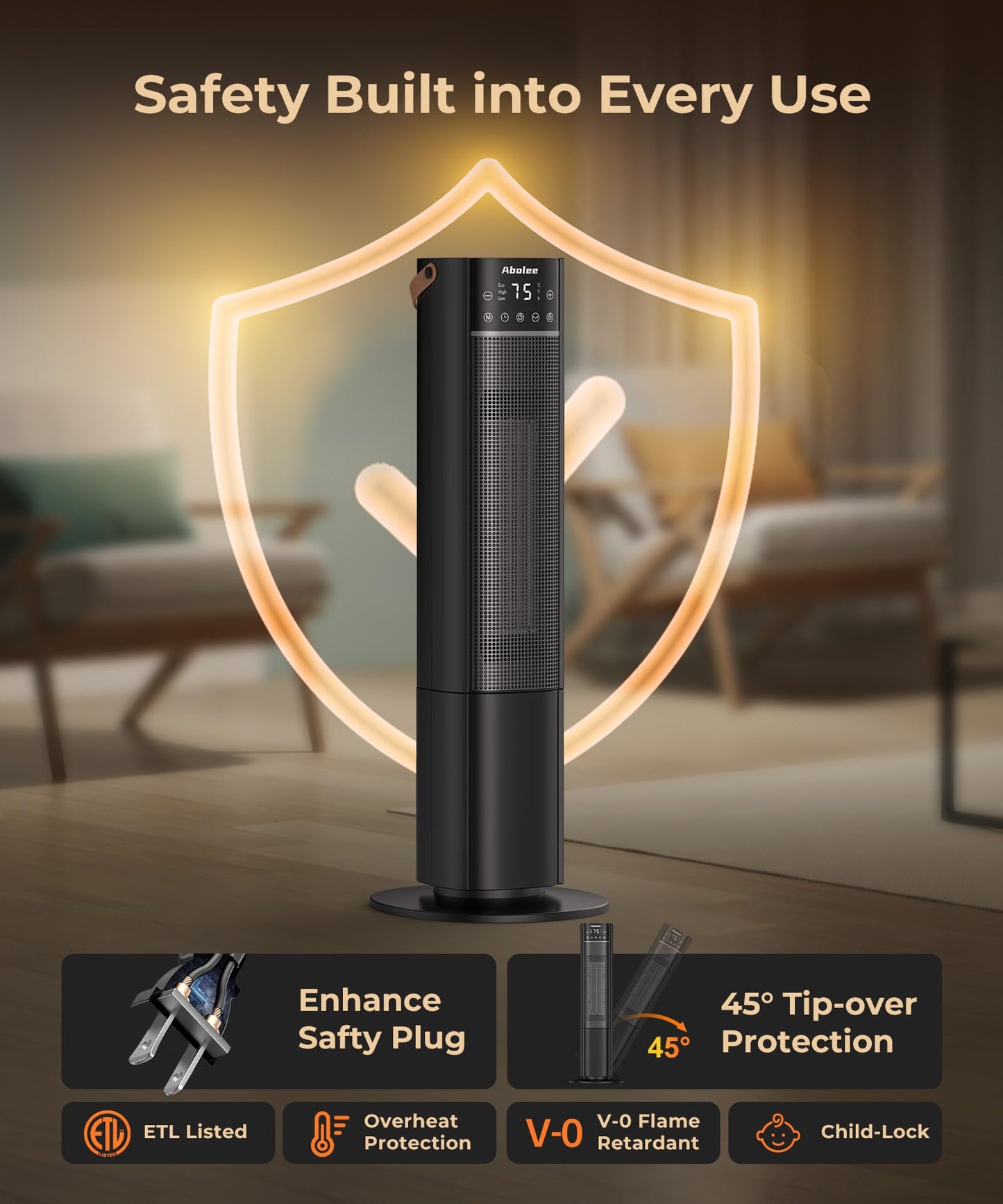 Abolee Space Heaters Indoor Use, 26" 12ft/s Electric Heater with Remote, 1500W Tower Heater with 75°Oscillation, 1-12H Timer, PTC Electric Heater for Large Room, Bedroom Home Office