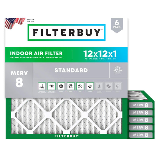 Filterbuy 12x12x1 Air Filter MERV 8 (MPR 700) Dust Defense Replacement (6-Pack), Electrostatic Pleated HVAC AC Furnace Filters, Made in USA (Actual Size: 11.75 x 11.75 x 0.75)