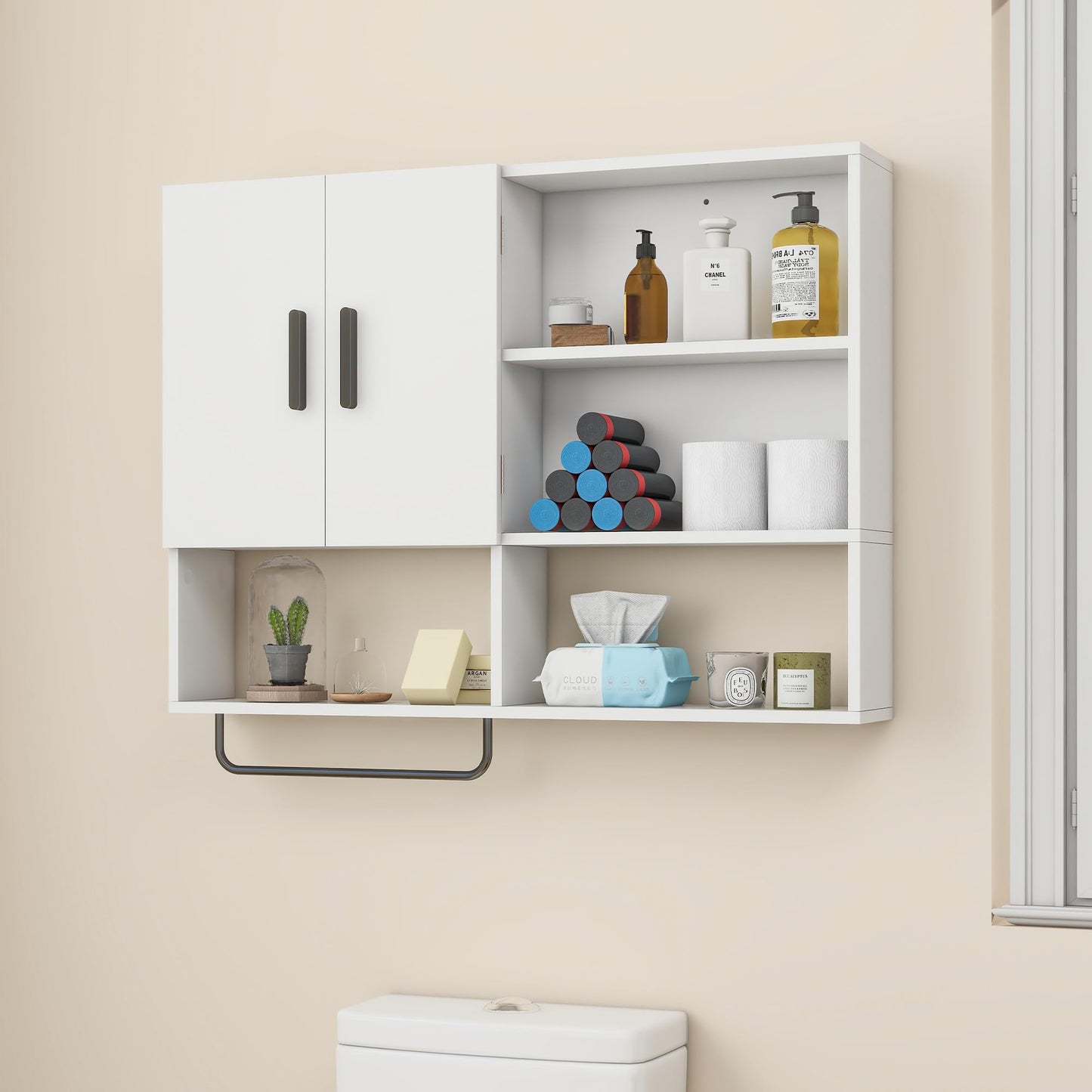 Vavkorkula Bathroom Wall Cabinet, Medicine Cabinet, Wall Mounted Bathroom Cabinet with 2 Doors & Towel Bar, Over The Toilet Storage Cabinet for Laundry & Kitchen, White