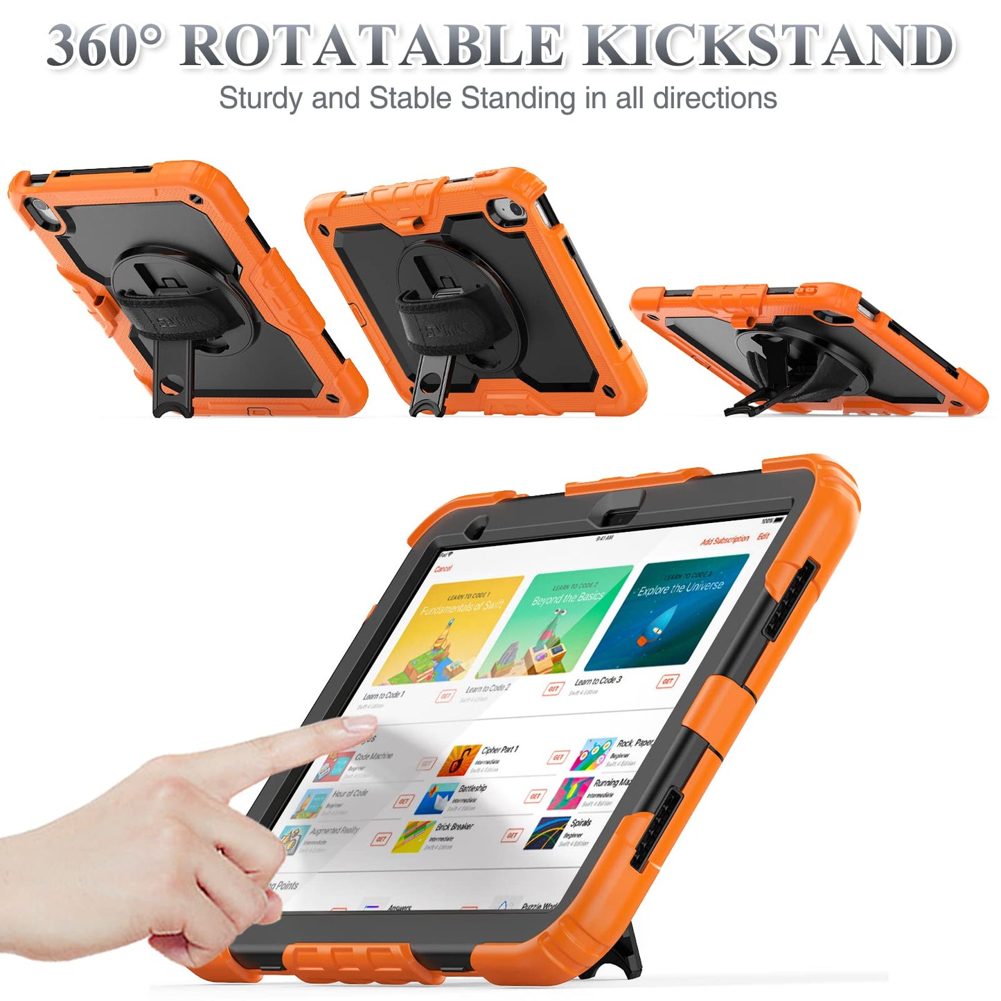 SEYMAC stock Case for iPad 10th Generation 10.9'', Full-Body Drop Protection Case with Screen Protector &360° Rotate Hand Strap/Stand, Black+Orange