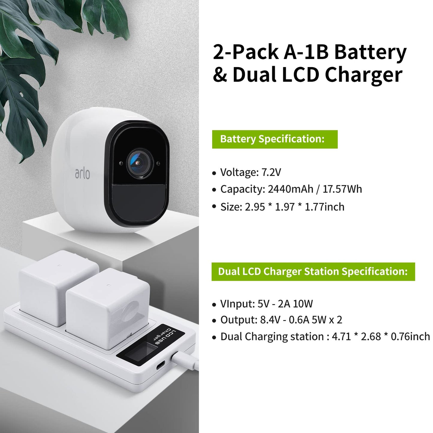 Eeyrnduy 2- Pack Batteries and Charger for arlo Pro,Pro 2 Camera,2440mAh Rechargeable Battery
