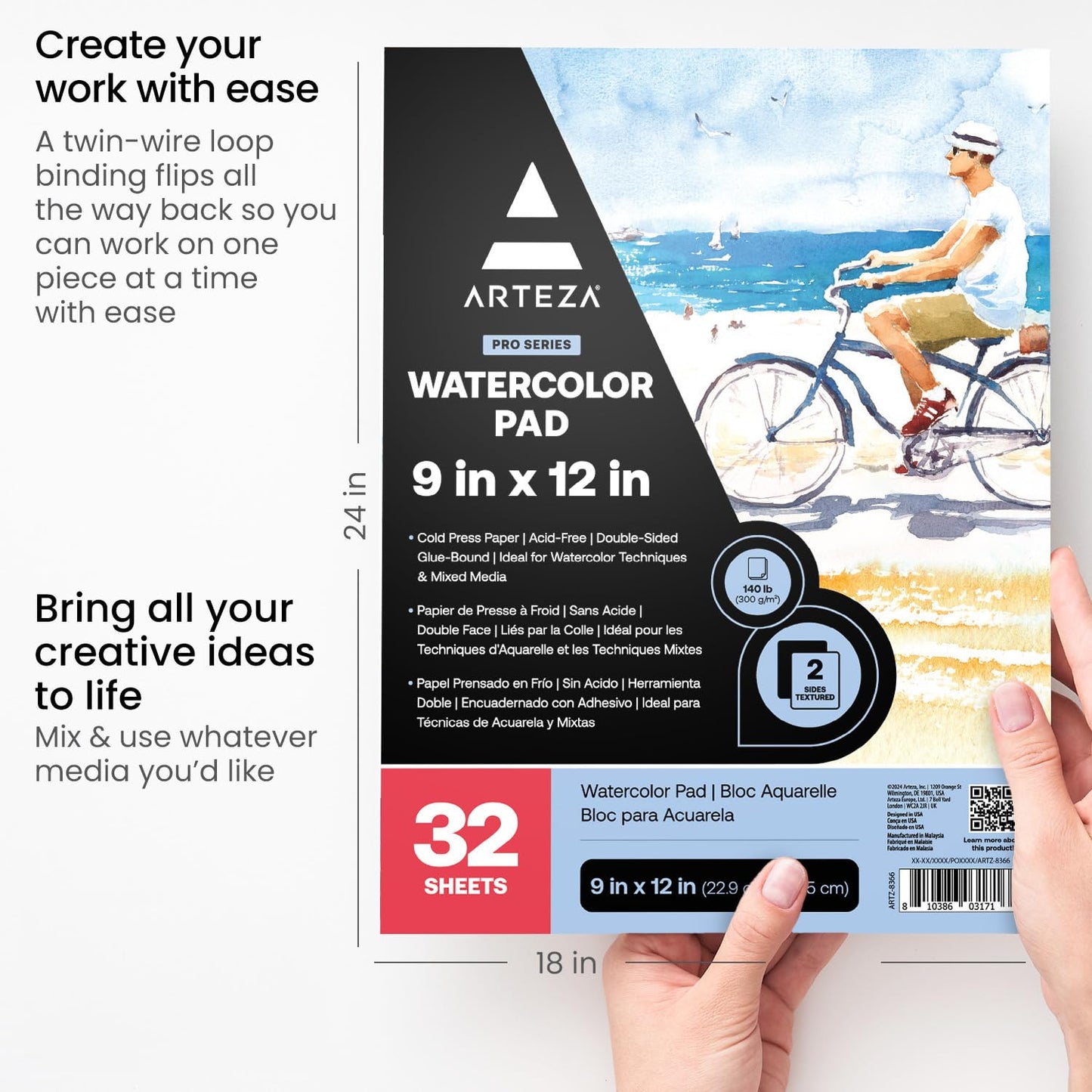ARTEZA Watercolor Paper, Pack of 2, 32 Sheets Each, 9x12 Inches Watercolor Sketchbook, 140lb/300gsm, Cold Press, Acid Free Art Paper