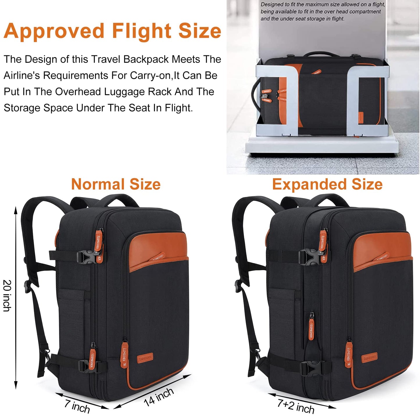 Lumesner Carry on Travel Backpacks, Extra Large 40L Flight Approved Bag for Men & Women,Expandable Suitcase Backpack With 4 Packing Cubes,Water Resistant Luggage Daypack Business Weekender Bag, Black
