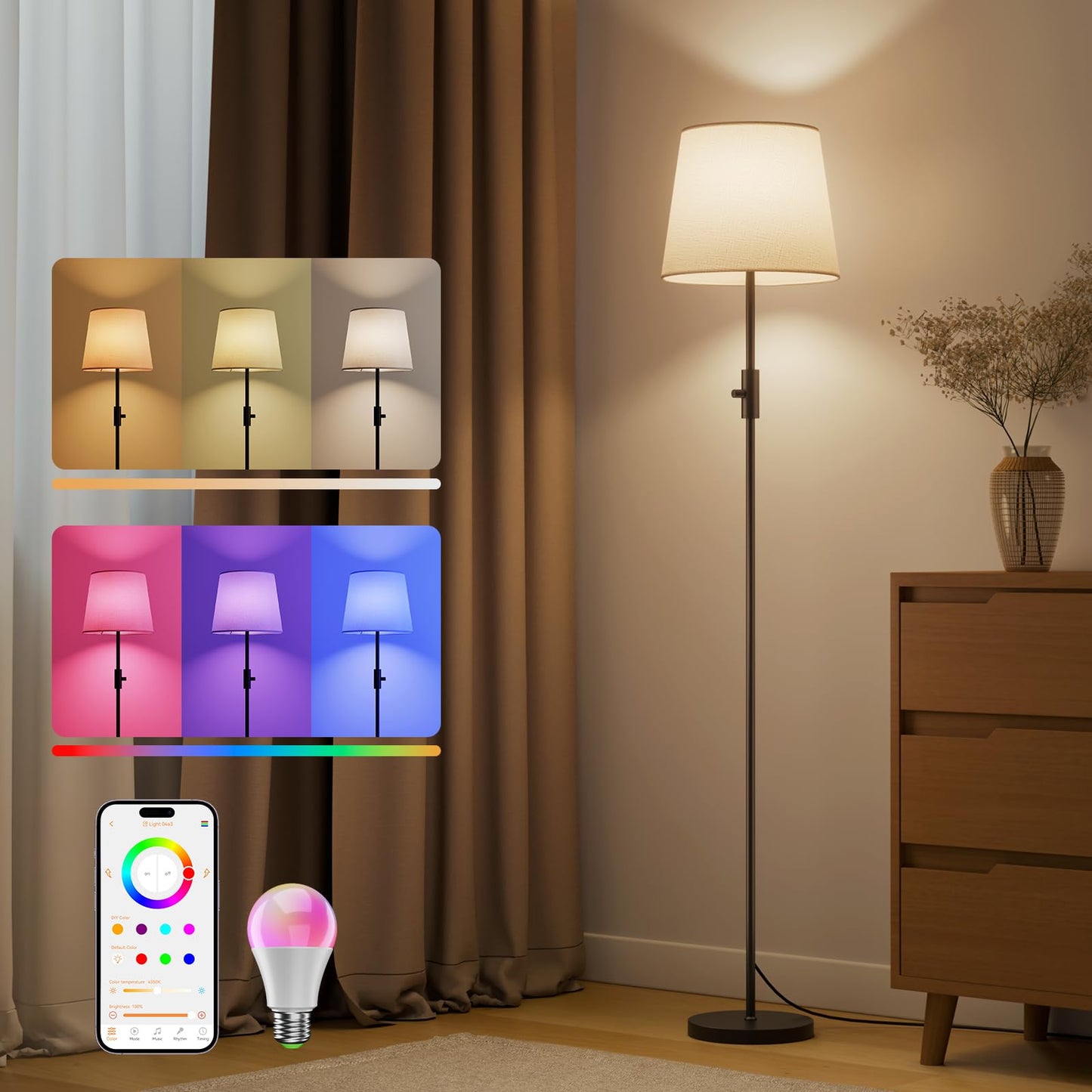 VARICART Smart LED Floor Lamp for Living Room, 62" Tall Lamp with App & Alexa Voice Control, RGB + 2700K-6000K Tunable White, 10W 1200lm 1%-100% Dimmable, Linen Shade, No Registration Required, Black