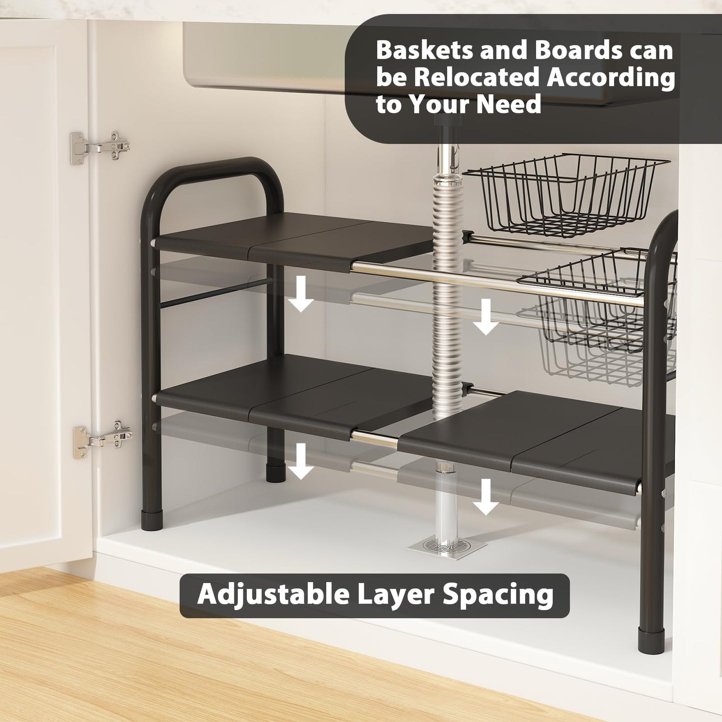 KOSIWU Expandable Under Sink Organizer, 2 Tier Under Sink Shelf with 2 Removable Baskets and 6 Removable Panels for Cabinet Sink Cloakroom Wardrobe Closet Storage(Black, 17.71”-32”Length