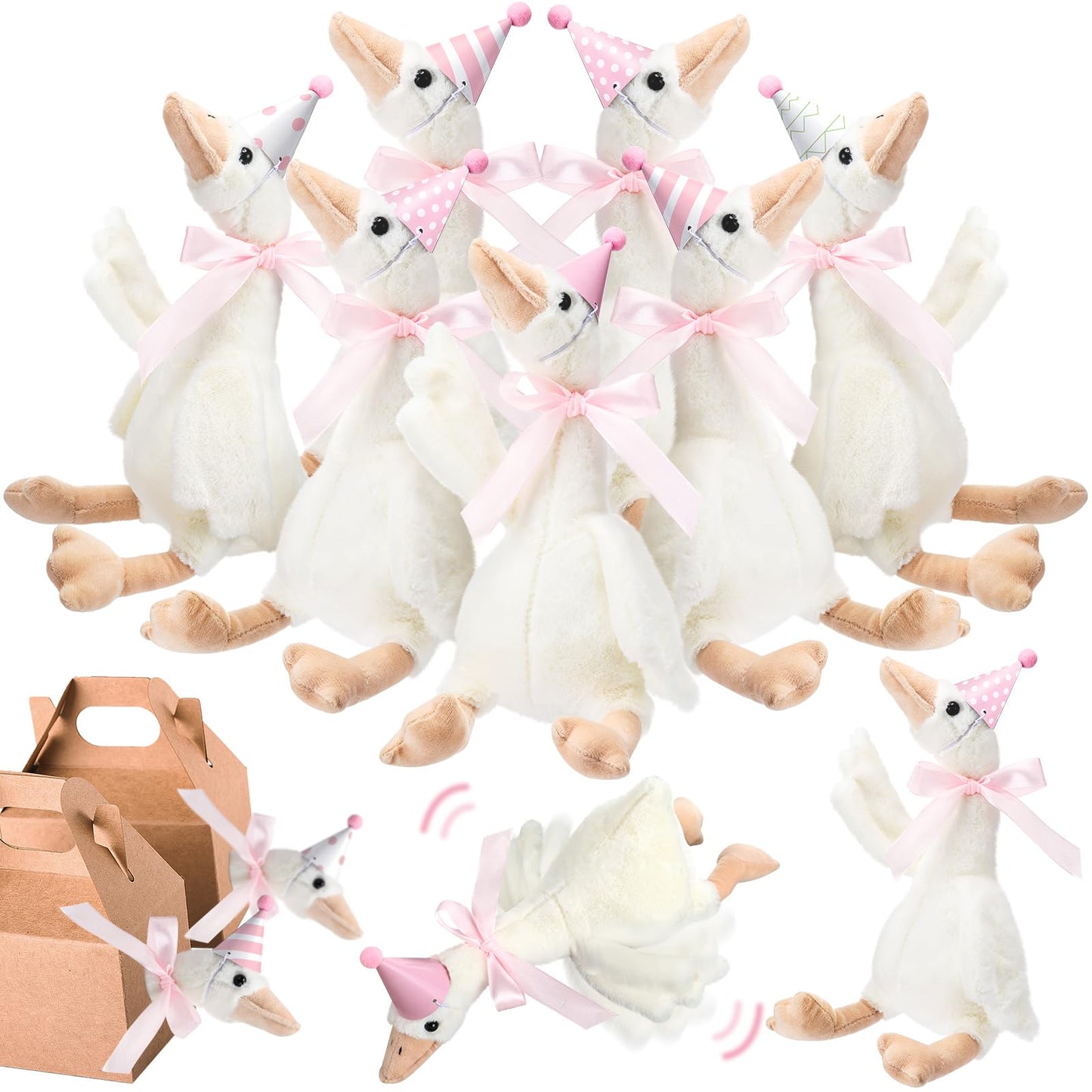Halloscume One Silly Goose Party Favors Stuffed Animal Plush Toy and Mini Birthday Party Hats with Ribbon Bow(Pink,10 Set)