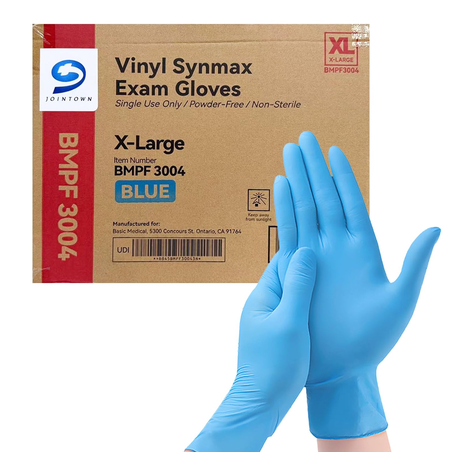 Jointown Basic Vinyl Exam Gloves, Latex-Free, Powder-Free, Disposable, X-Large, Case of 1,000, Blue