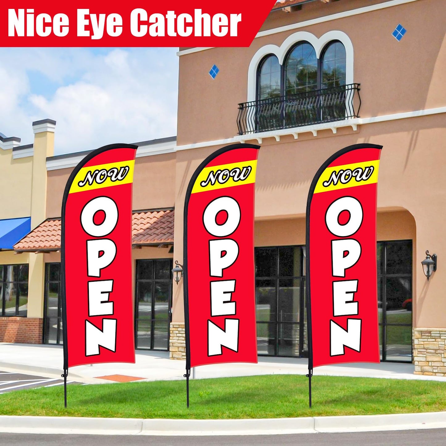 Buryeah 3 Sets Now Open Feather Flag Pole Kit for Business Advertising 7 ft Open Flag Banner Sign with Pole Kit Ground Stake and Portable Bag for Outside Ground (Red)