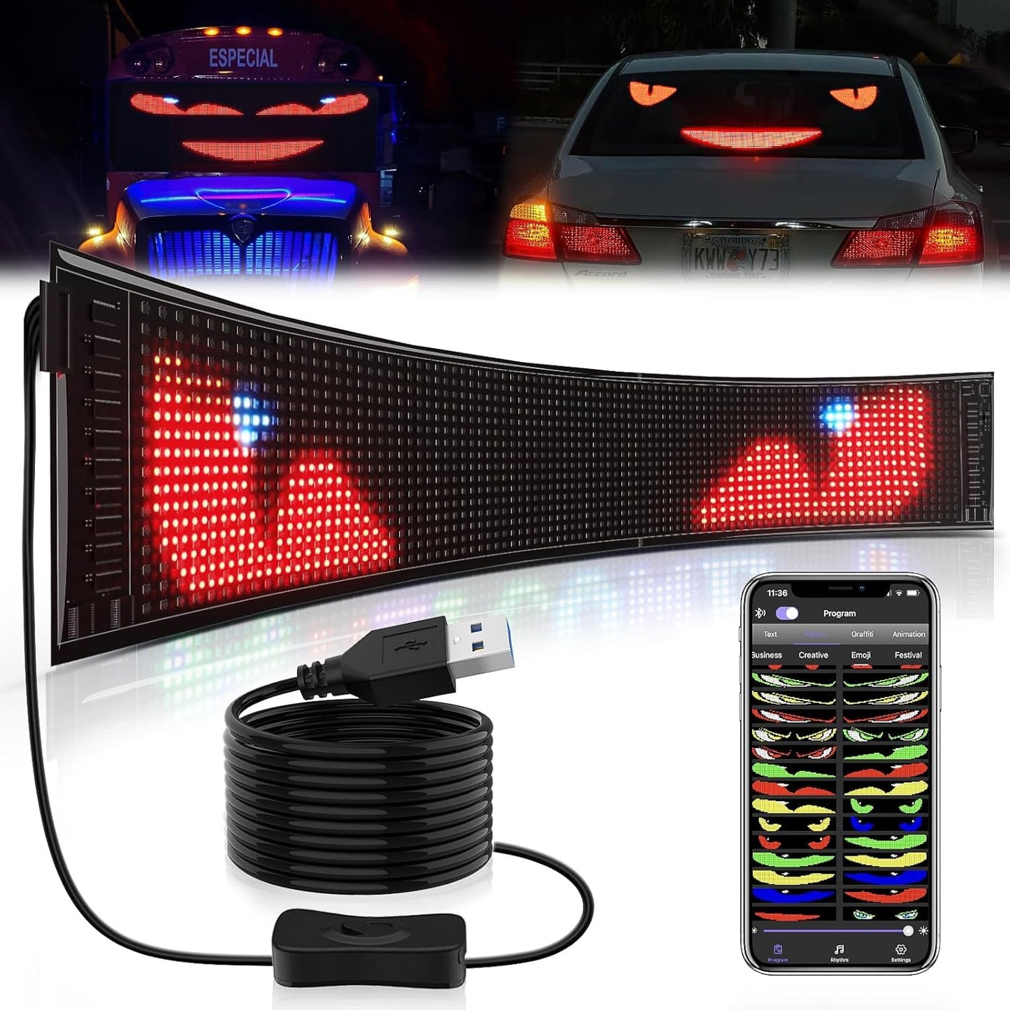 Programmable LED Sign, 35"x7.5" Scrolling Flexible Display, Bluetooth App Control, Custom Text, Patterns & Animations, USB 5V for Car, Store, Party, Bar, Hotel, Advertising Sign