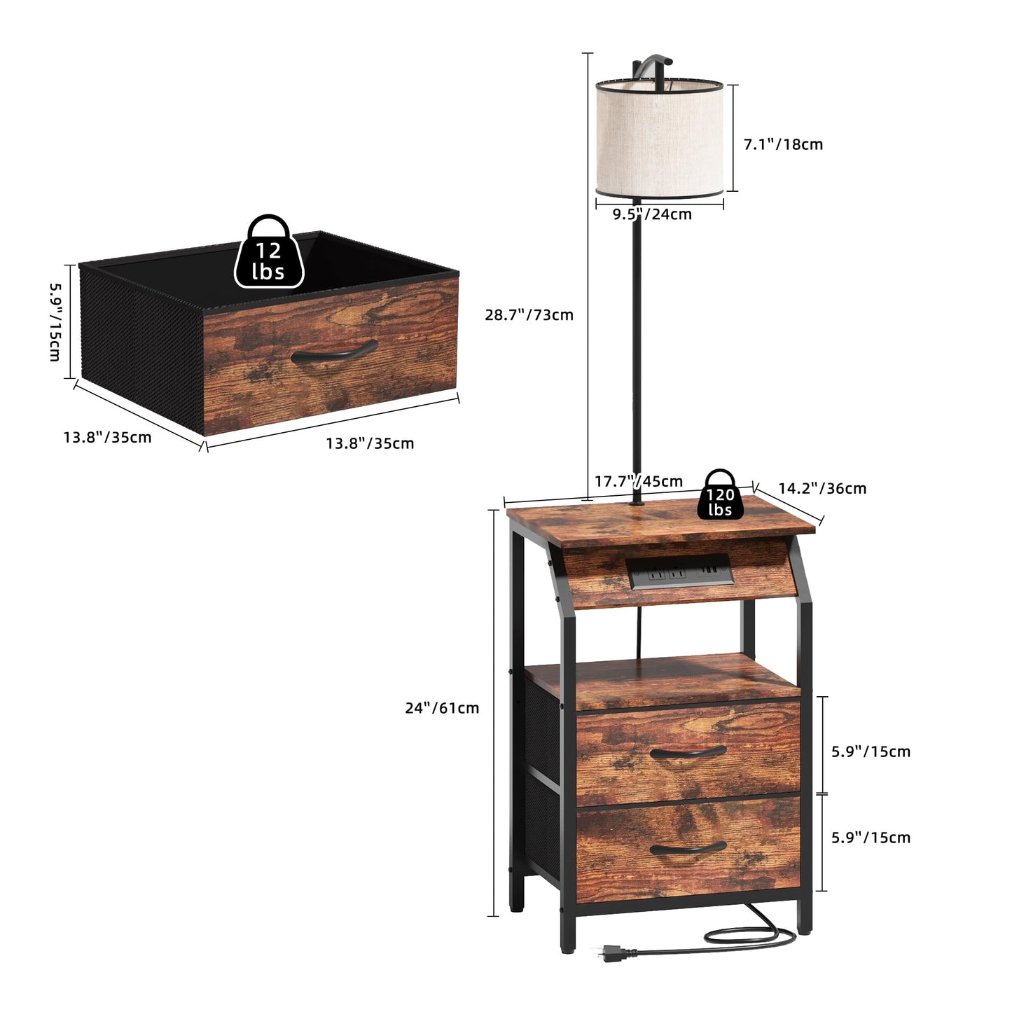 ZHNSYDN End Table with Floor Lamp, Nightstand with Charging Station, Floor Lamp Table with 3-Color Temperature Bulb, Bedside Table Night Stand with 2 Drawers for Bedroom, Living Room, Brown