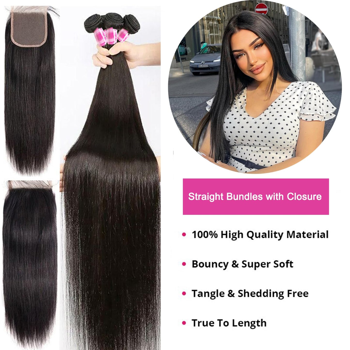 PINJUOO Straight Human Hair Bundles with Closure Raw Indian Hair 3 Bundles and Closure (20 22 24+18 Inch) 100% Unprocessed Virgin Human hair Bundles with 4X4 Lace Closure Natural Color for Women