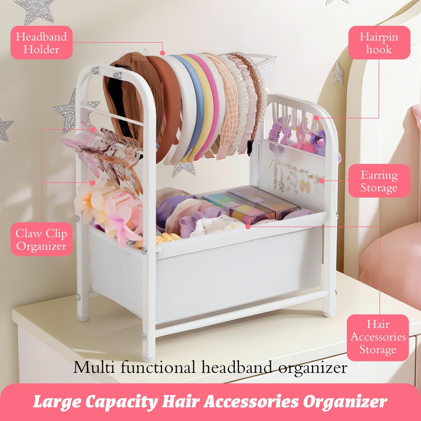 PVRUILER Headband Holder Stand, Metal Hair Accessories Organizer with Divided Storage Box, for Headbands, Hair Ties, Clips & Earrings