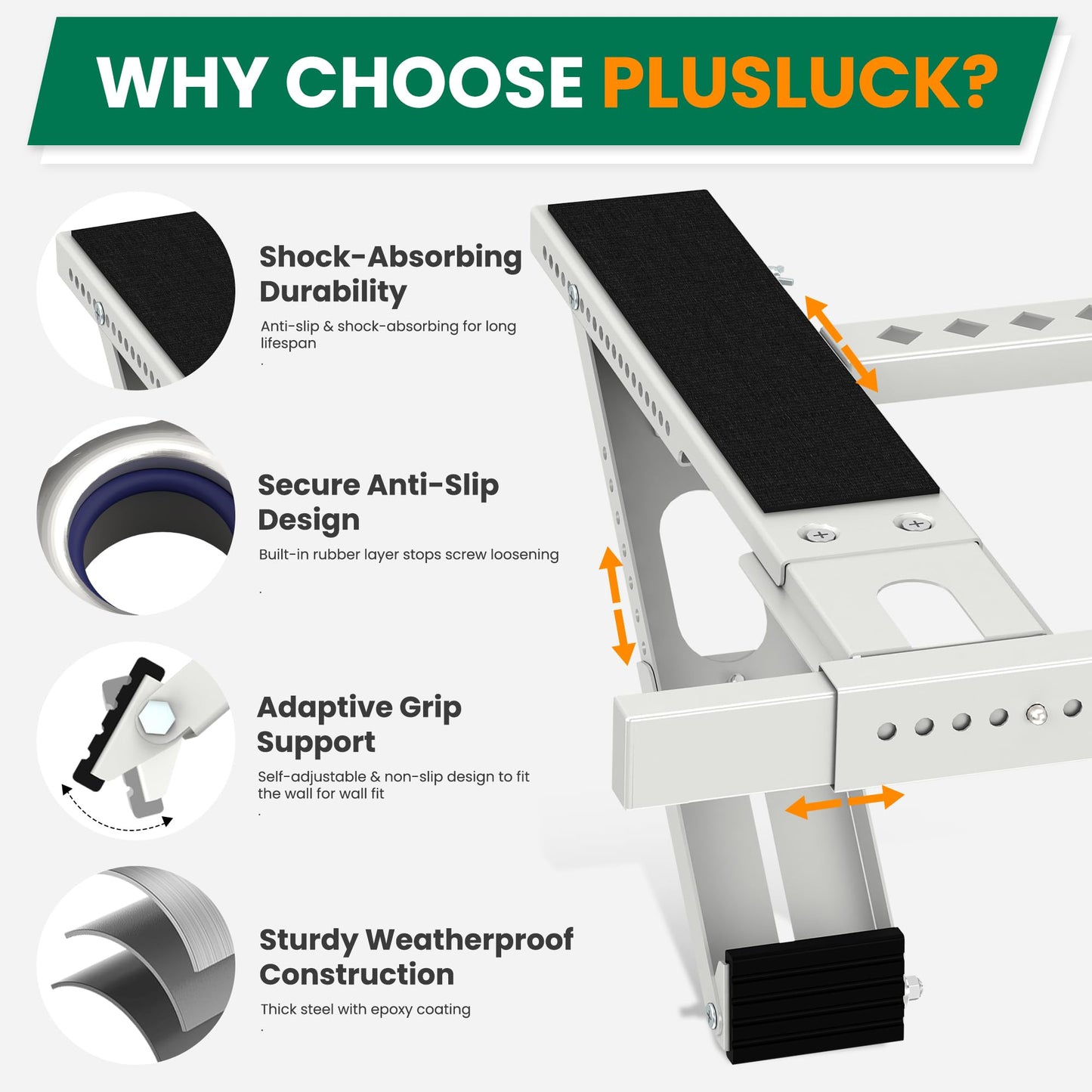 Plusluck Air Conditioner Bracket No Drill: Heavy Duty Holder with Bubble Level for 350lbs AC Units, Adjustable Width, No Tools Needed, Fits Single & Double Hung Windows, 5000-24000 BTU Coverage