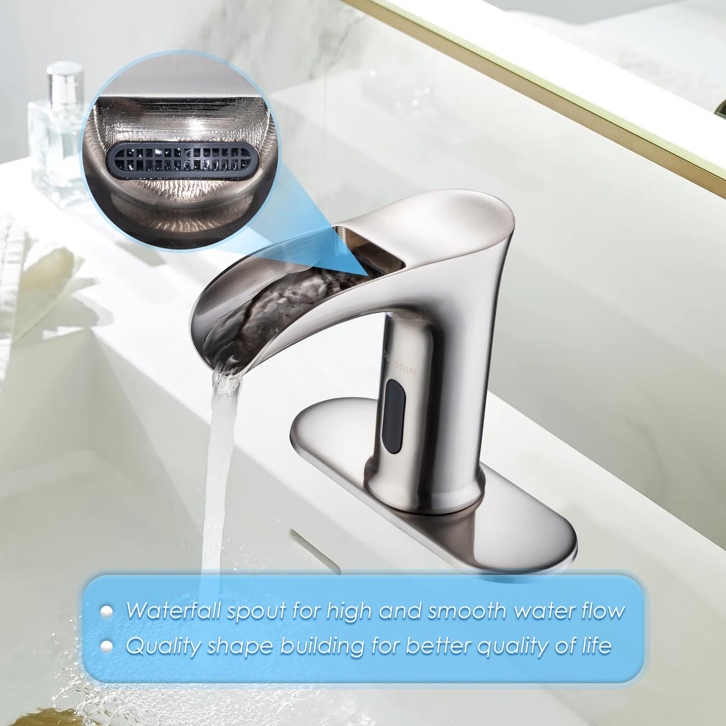 CDLODIN Automatic Sensor Touchless Waterfall Bathroom Sink Faucet, Modern Electronic Sensor Lavatory Faucet, Brushed Nickel Hands Free Vanity Faucets with Control Box and Temperature Mixer