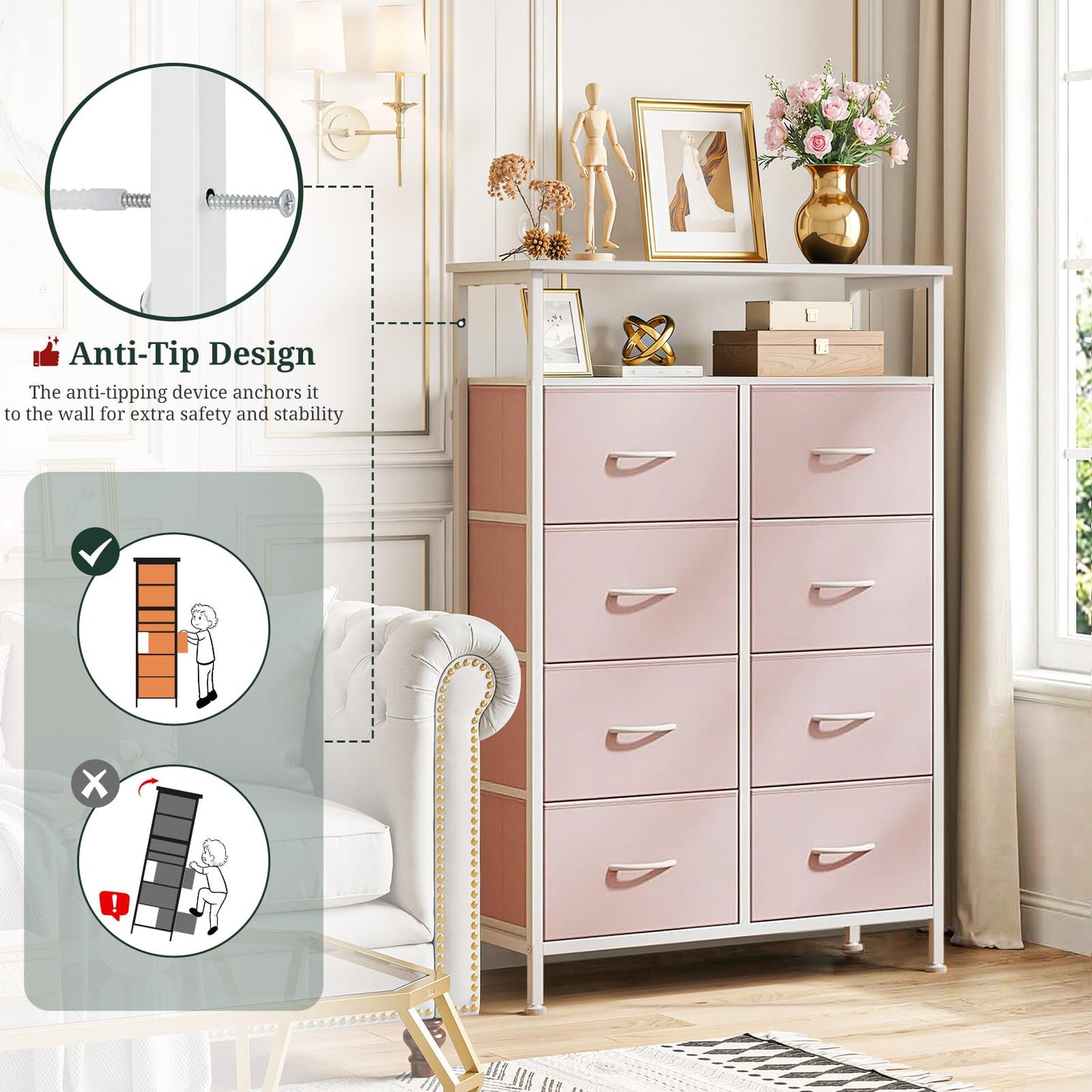 SageNest 8 Drawers Dresser with Open Shelf, 46" Tall Storage Organizer Chest of Drawer with Wooden Top, Sturdy Metal Frame for Bedroom, Hallway, Living Room, Pink