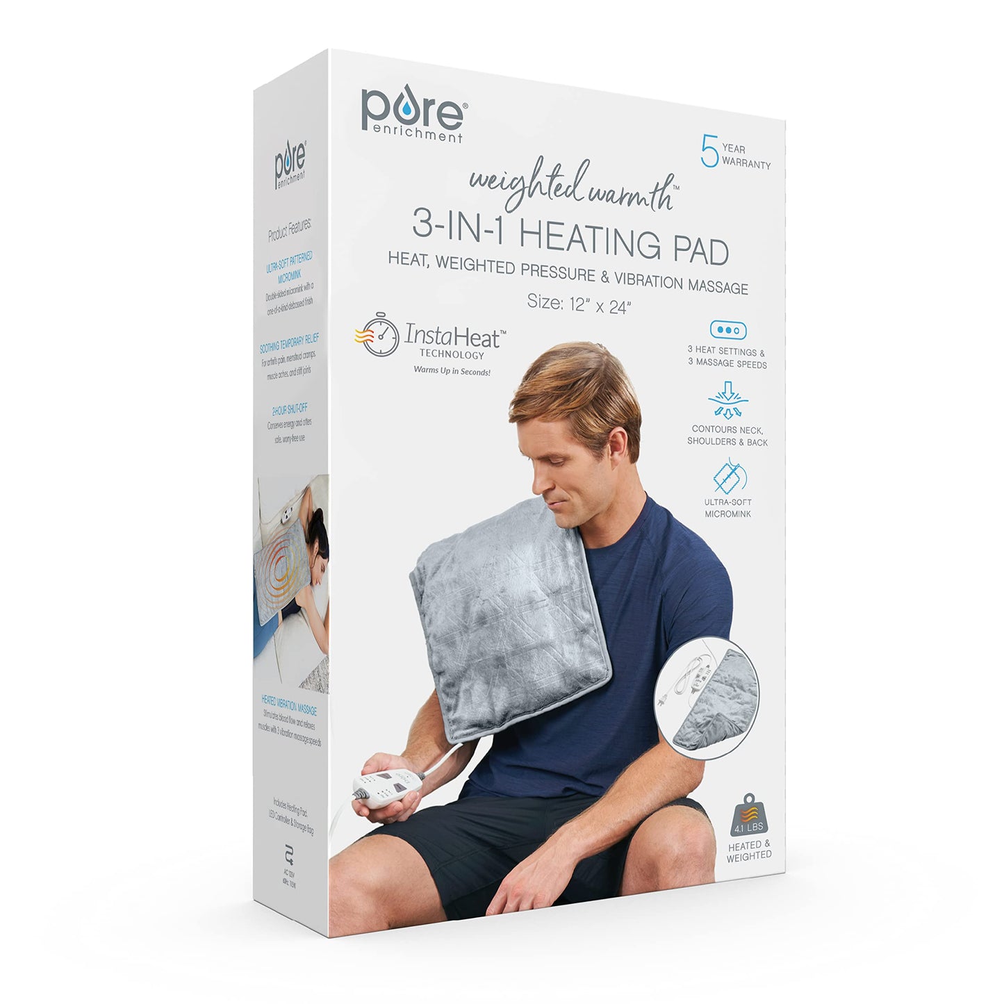 Pure Enrichment WeightedWarmth 3-in-1 Heating Pad - 3 InstaHeat™ Settings, 3 Massage Speeds & 4.1 lbs of Weighted Pressure for Menstrual Cramps, Shoulder, Neck & Back Pain - 12” x 24” (Steel Gray)