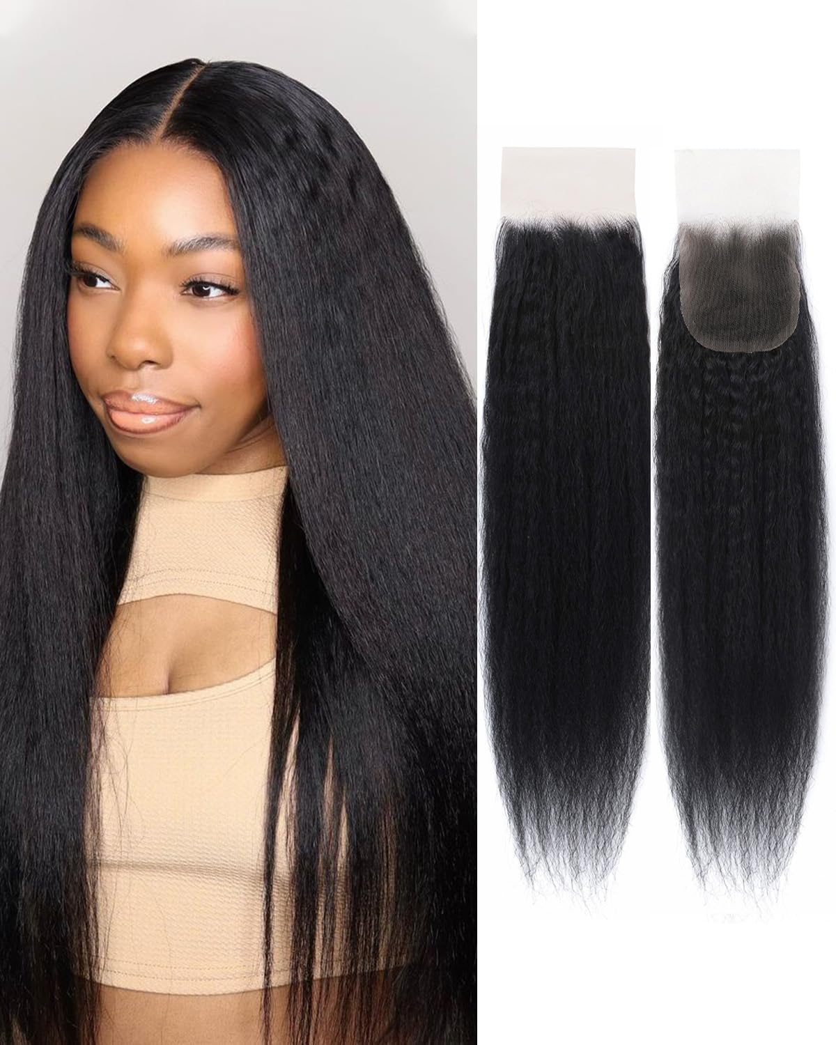 Kerriana 20 Inch Lace Closure Human Hair Kinky Straight Transparent Yaki 4 by 4 Closure For Women Natural Black Color