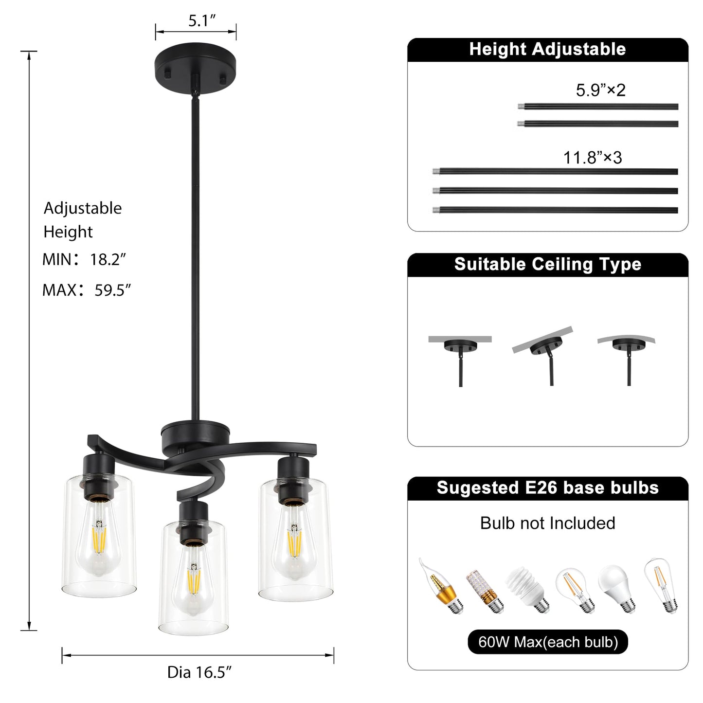 Syltherra 3 Light Modern Dining Chandeliers Over Table，Black Light Fixture for Dining Room，Farmhouse Chandelier with Glass Shade，Industrial Pendant Lights Kitchen Island，Foyer,Hallway, Bedroom