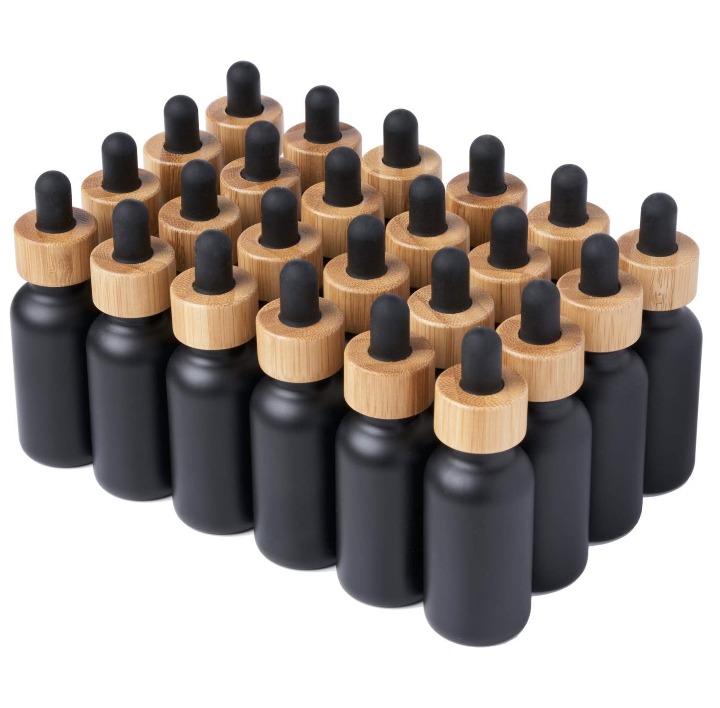 Focus Nutrition Black Boston Round 1 oz Glass Dropper Bottles for Essential Oils With Bamboo Caps | 24 Pack