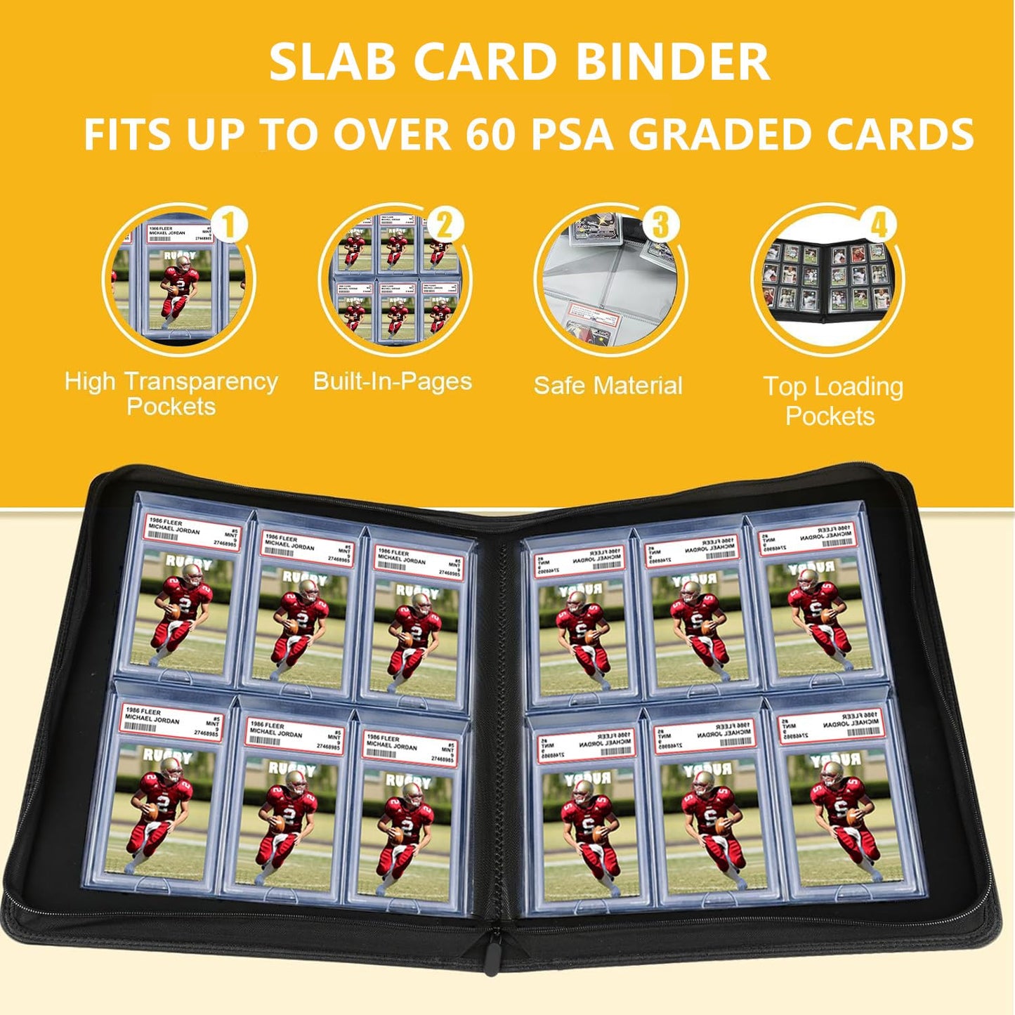 60 Pockets Graded Card Binder, Toploading PSA Slab Holder Album, PU Leather Graded Card Storage Binder, Premium 6 Pocket PSA Card Binder Album with Sleeves (Black)