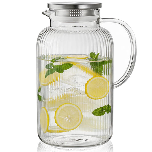 Bivvclaz 1 Gallon Glass Pitcher with Lid and Handle, Stripes Water Pitcher for Fridge, Borosilicate Glass Carafe for Hot/Cold Drink, Extra Large Jug for Iced Tea, Coffee, Juice, Homemade Beverage