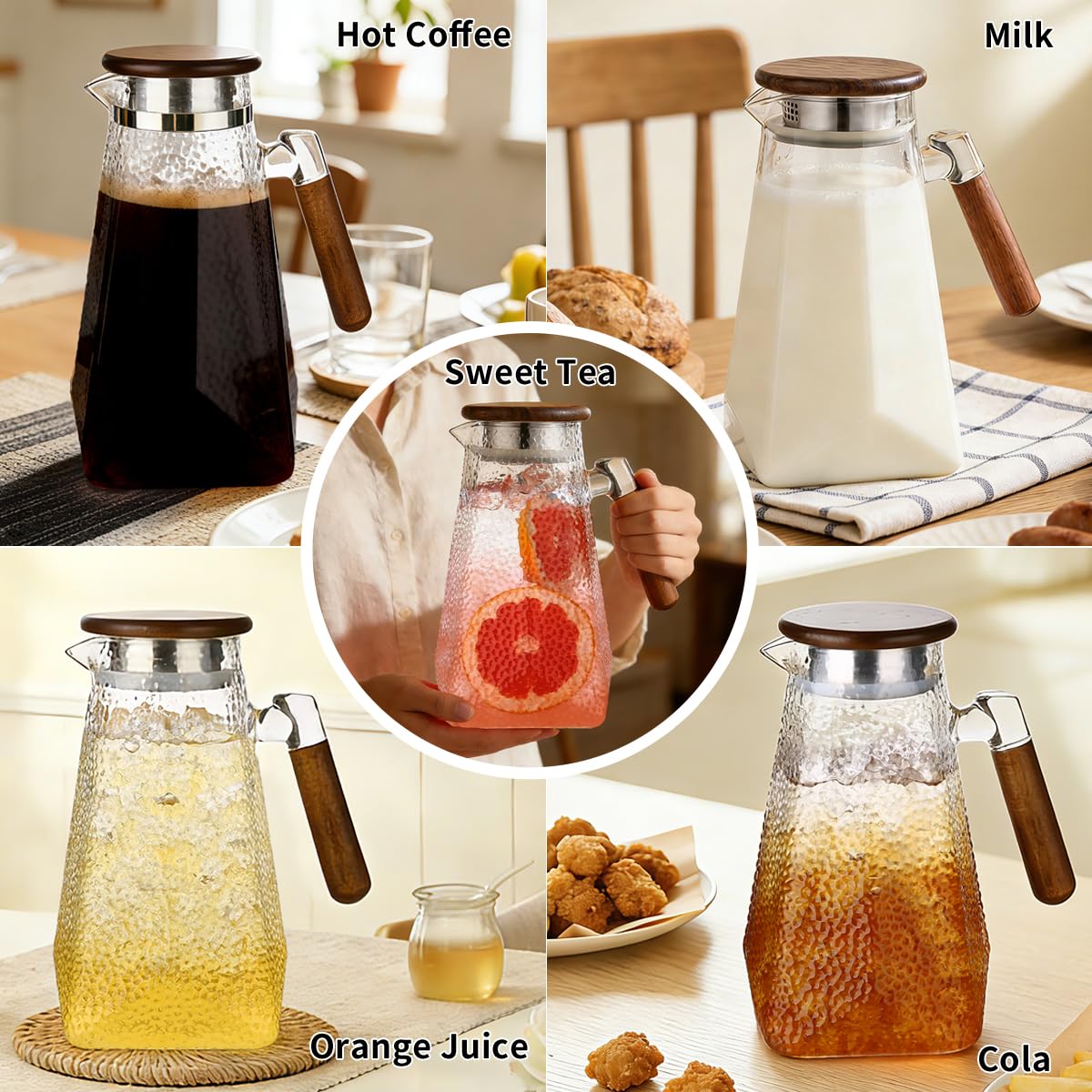 Borosilicate Glass Pitcher With Lid,1.8 Liter All-Purpose Heat-Resistant Carafe with Handle, Jug，for Iced Tea, Coffee, Juice, Milk, Fruit Infusions (Hot & Cold) (hammered texture, 60 oz)