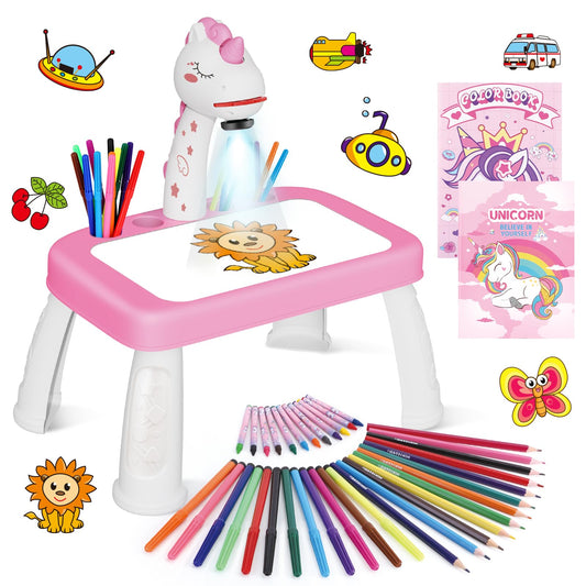 Drawing Projector for Kids, Drawing Board with Music, Color Pens, Pencils, Crayons, Scrapbook, Sticker Book, Unicorn Stickers, Stamps, Ideal Toy for 3+ Year Old Girls & Boys (Unicorn Kit)