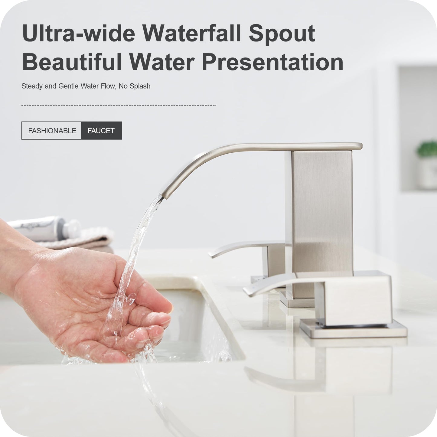 GAGALIFE 8 Inch Waterfall Bathroom Faucets 3 Hole - Brushed Nickel Widespread Bathroom Faucet with Pop-up Drain, Two Handles Bathroom Sink Faucet, Modern Vanity Sink faucets with Supply Lines
