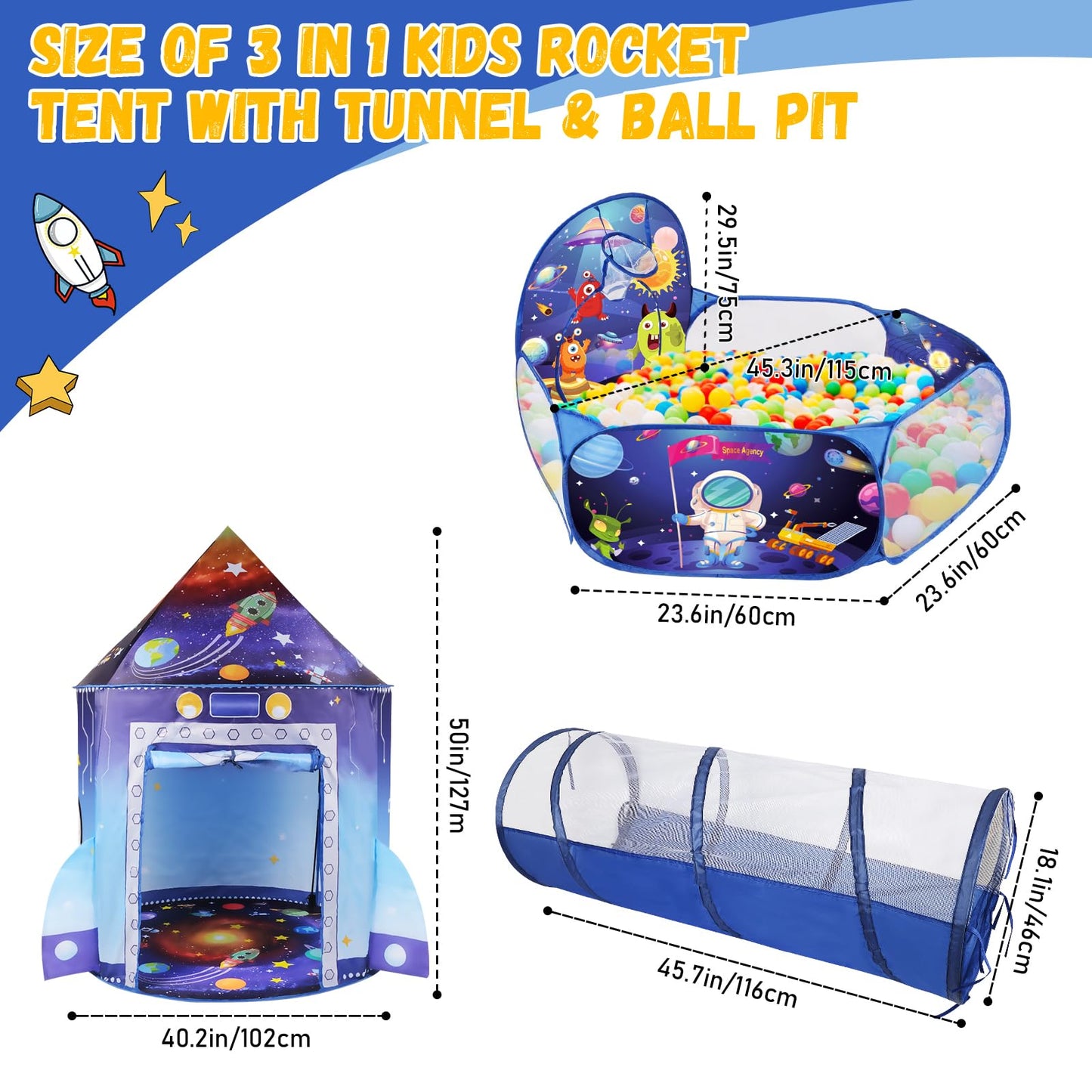 3 in 1 Rocket Ship Play Tent with Tunnel Ball Pit for Kids Space Themed Pop Up Playhouse Indoor Outdoor Astronaut Tent Set Toy Gift for Boys Girls Toddler Baby Child Games Birthday Party