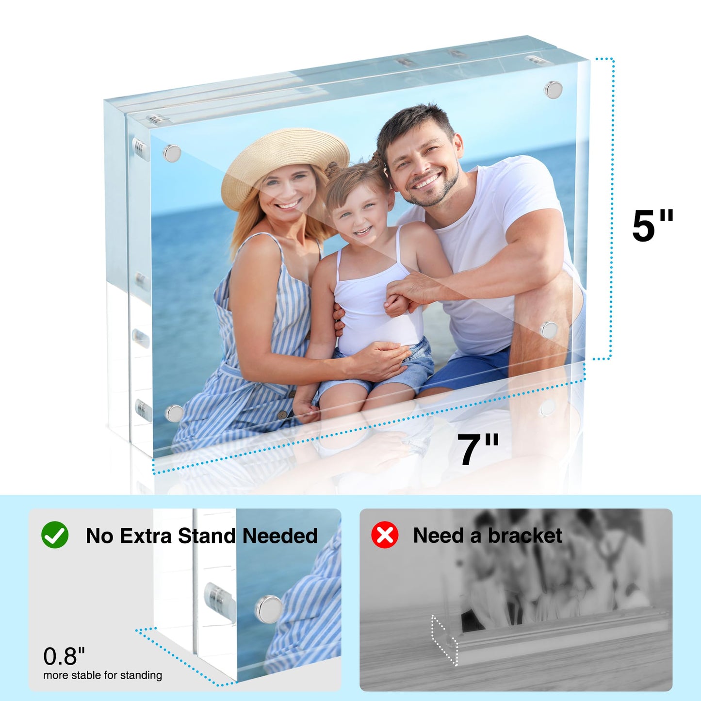 HOUSE DAY Acrylic Picture Frames 5x7, 3 Pack Magnetic 5x7 Picture Frame, Double Sided Clear 5 x 7 Photo Frame with Microfiber Cloth, Frameless FreeStanding 5x7 Frame Gift for Desktop Display