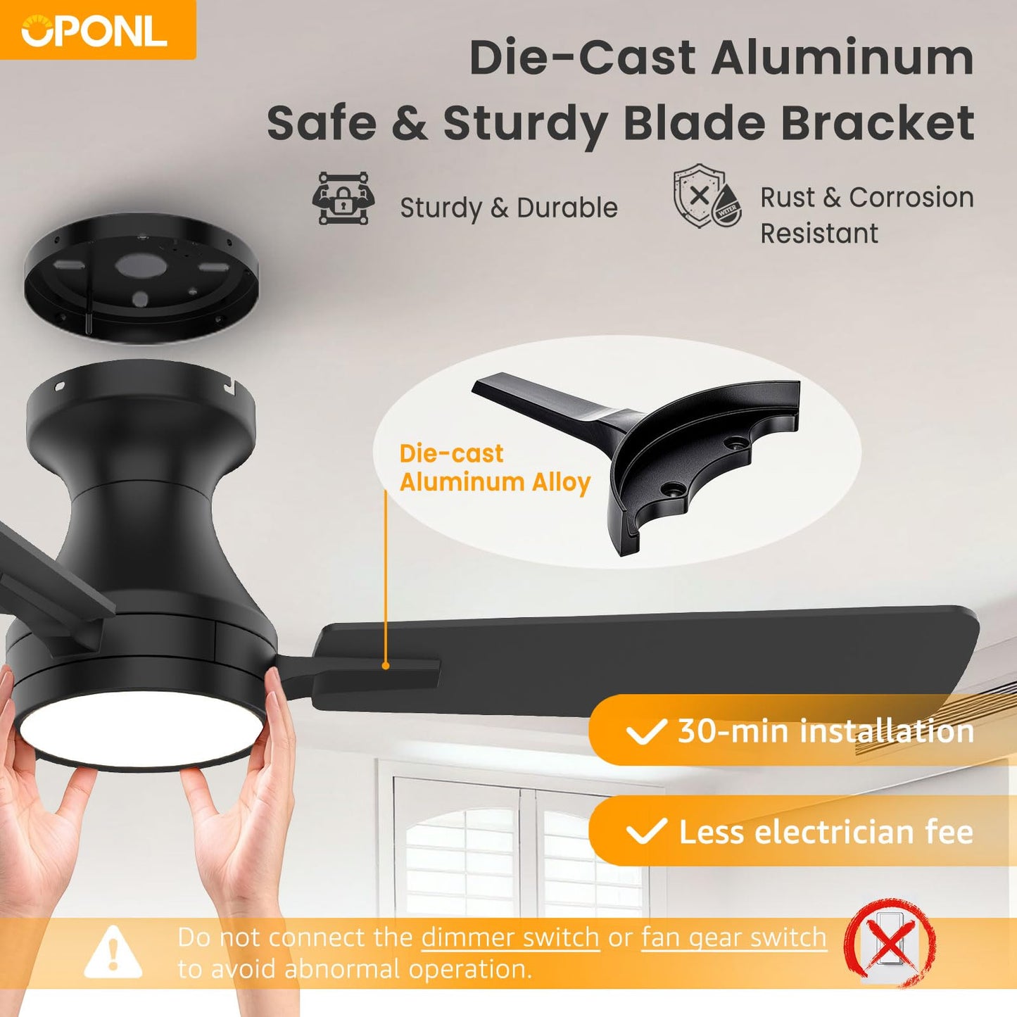 OPONL 42 Inch Black Ceiling Fan with Light, Remote Control, Noiseless, Reversible, 6CCT, Dimmable, Timeable, Metal Housing, Flush Mount Ceiling Fans with Lights for Bedroom, Indoor/Outdoor Use