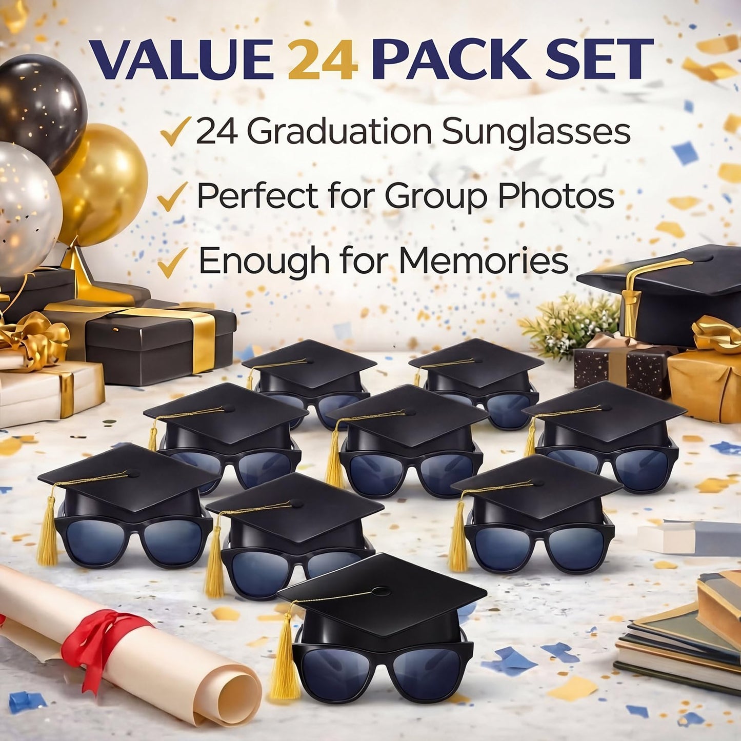 Weewooday 24 Pieces End of School Year Gifts 2026 Kids Graduation Cap Sunglasses Pre K Graduation Gifts for Grad Prom Party Decor