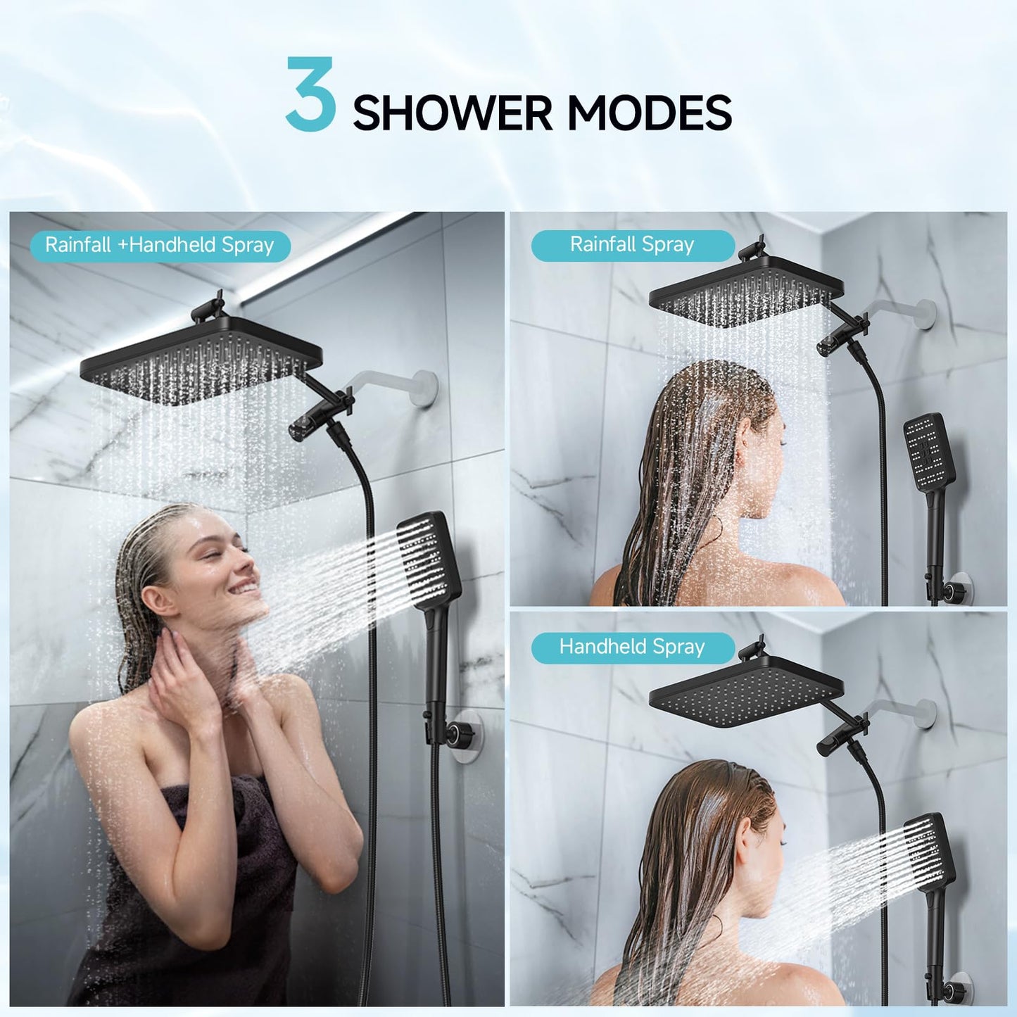 Rain Shower Head with Handheld Spray Combo Set, Adjustable 12" Rainfall Dual Shower Head, Double&Tandem Shower Head, Waterfall Showerhead Bathroom -Matte Black