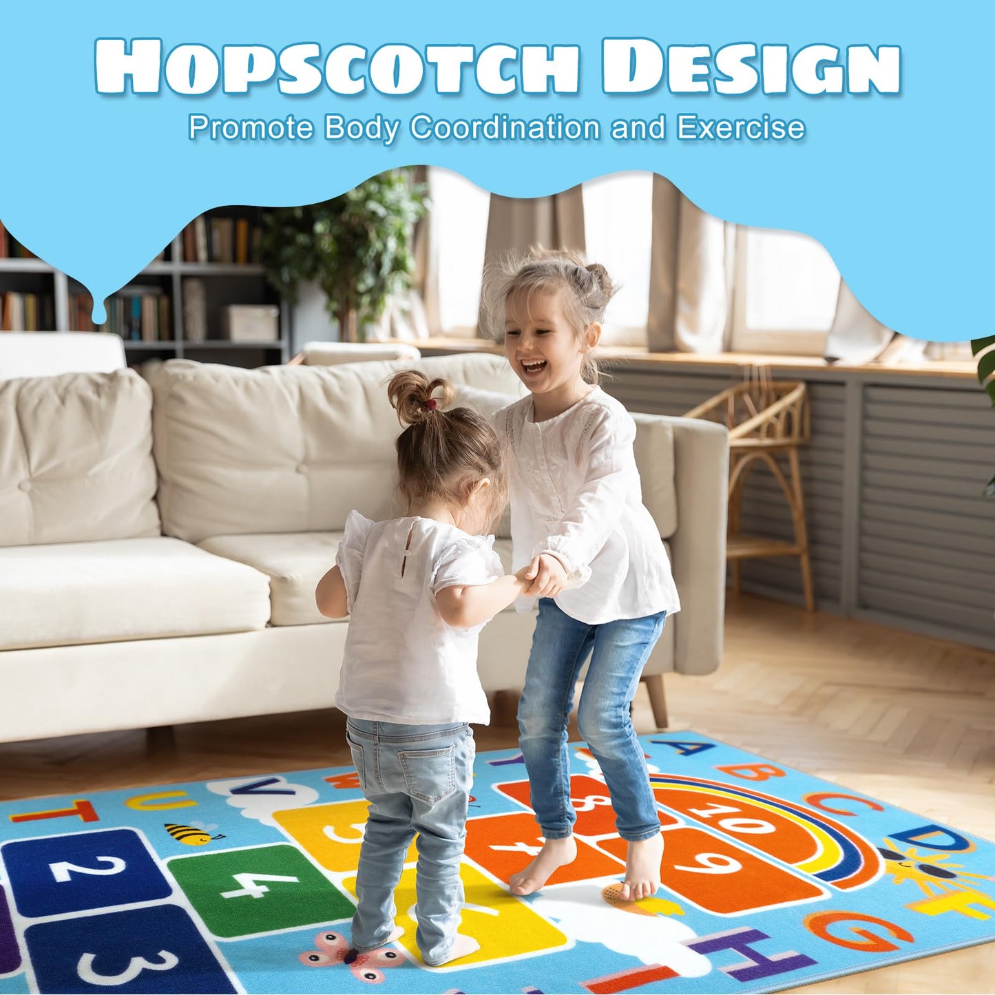 STARUIA Washable Hopscotch Kids Rug for Playroom, Colorful Educational Classroom Rugs with ABC Number, Non Slip Kids Play Mat Rug Game Carpet for Bedroom Nursery Daycare Boy Girl （Blue, 31.5''x72''）