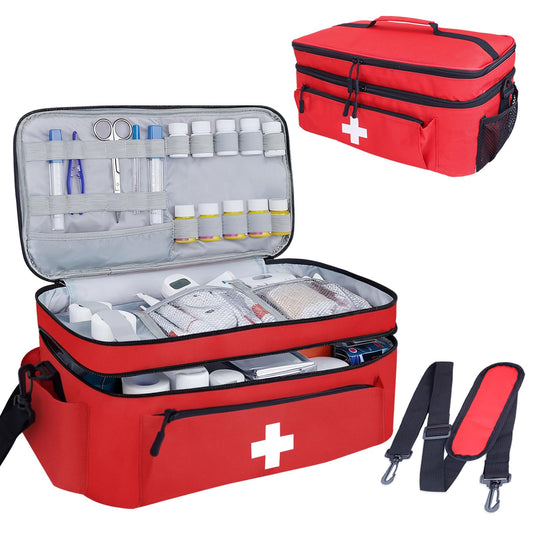 ALSLEA First Aid Bag Empty Large Medical Bag with Shoulder Strap 16”x 9½” x 7” Medicine Organizer Box Travel First Aid kit Emergency Supplies Storage Bag for Car, Home, Office, Outdoor (Red)
