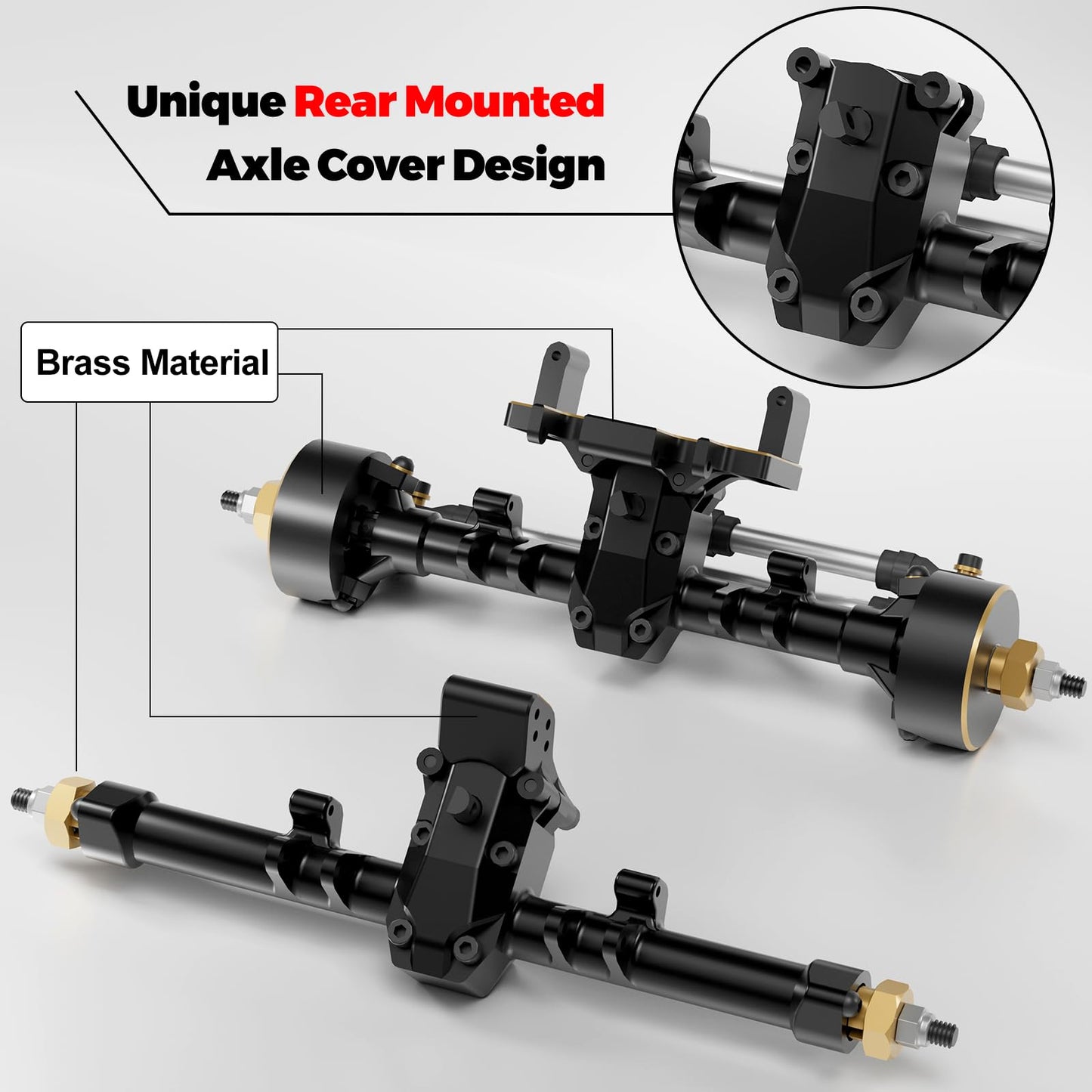 OGRC 1/24 +5mm Extended Axle Set with 50° Steering Angle, Brass Knuckles, Truss & Servo Mount, Compatible with Axial SCX24 Deadbolt C10 JLU Gladiator Bronco RC Crawler (Black)