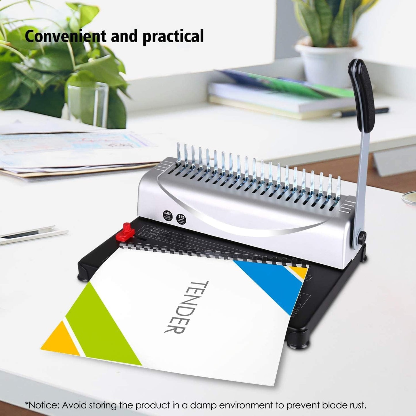 MAKEASY Comb Binding Machine - Punch 12 Sheet, Easy Punch No Jam, Heavy-Duty Metal Build, Book Binder for Office Reports & Home School Projects, Includes 100 Combs, Letter/A4/A5 Compatible