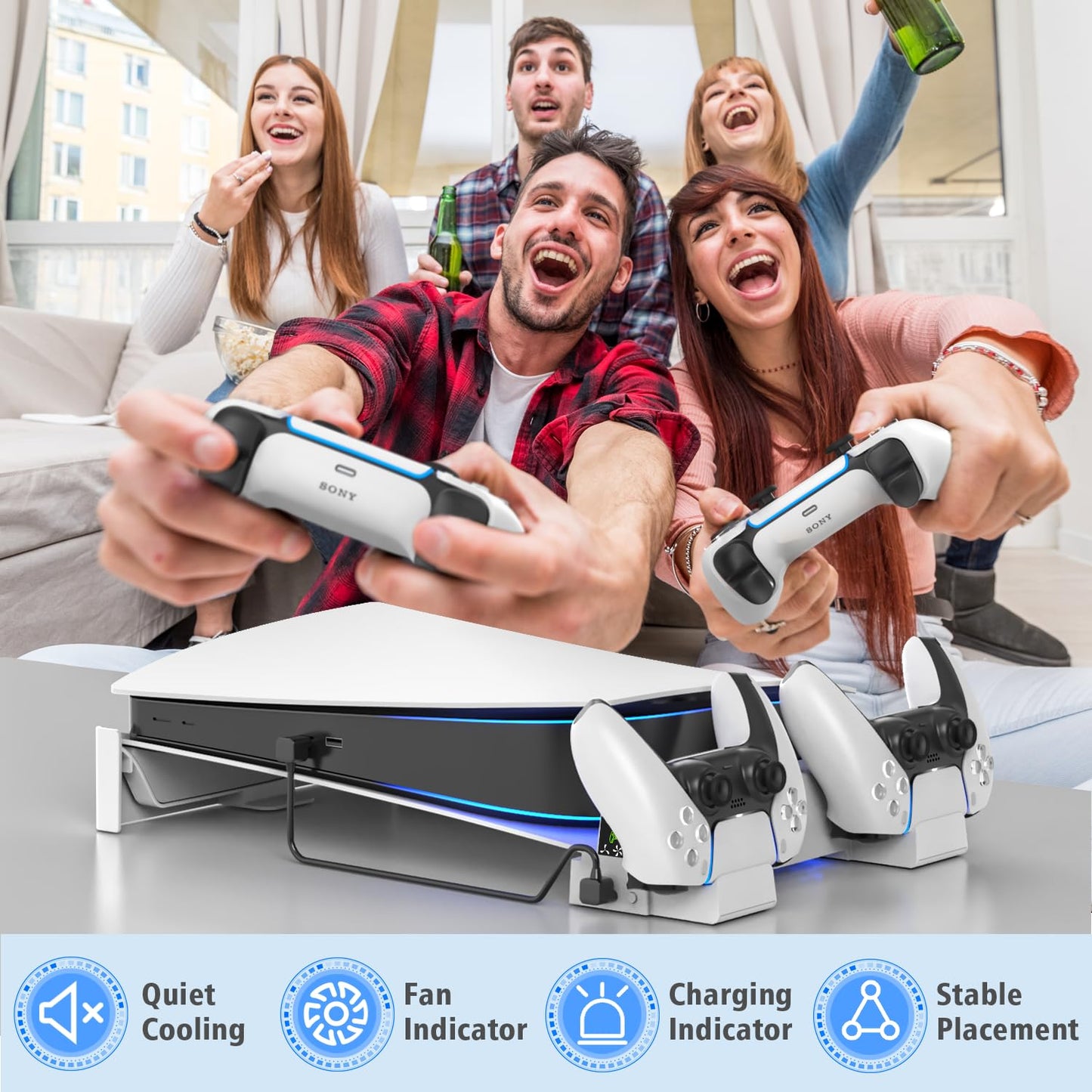 OIVO PS5 Horizontal Stand and Cooling Station with 3-Level Cooling Fan, Dual PS5 Controller Charger for PlayStation 5 Controller, Horizontal PS5 Cooling Stand