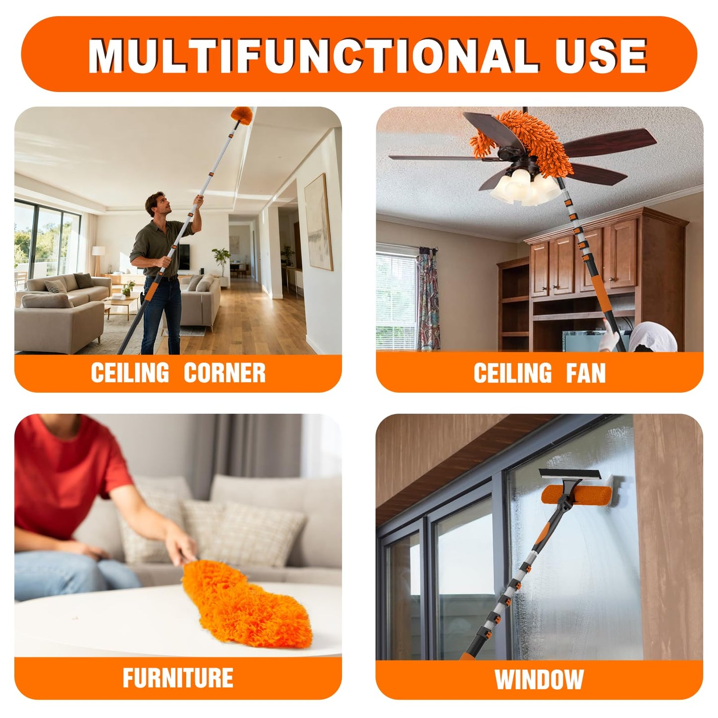 SISUPASSIE 30FT Reach High Ceiling Duster Kit, Window Cleaning kit with 5-24FT Extension Pole, Fan Duster for Ceiling Fan Blades, Microfiber Feather Duster, Rotatable Window Squeegee and Cobweb Duster
